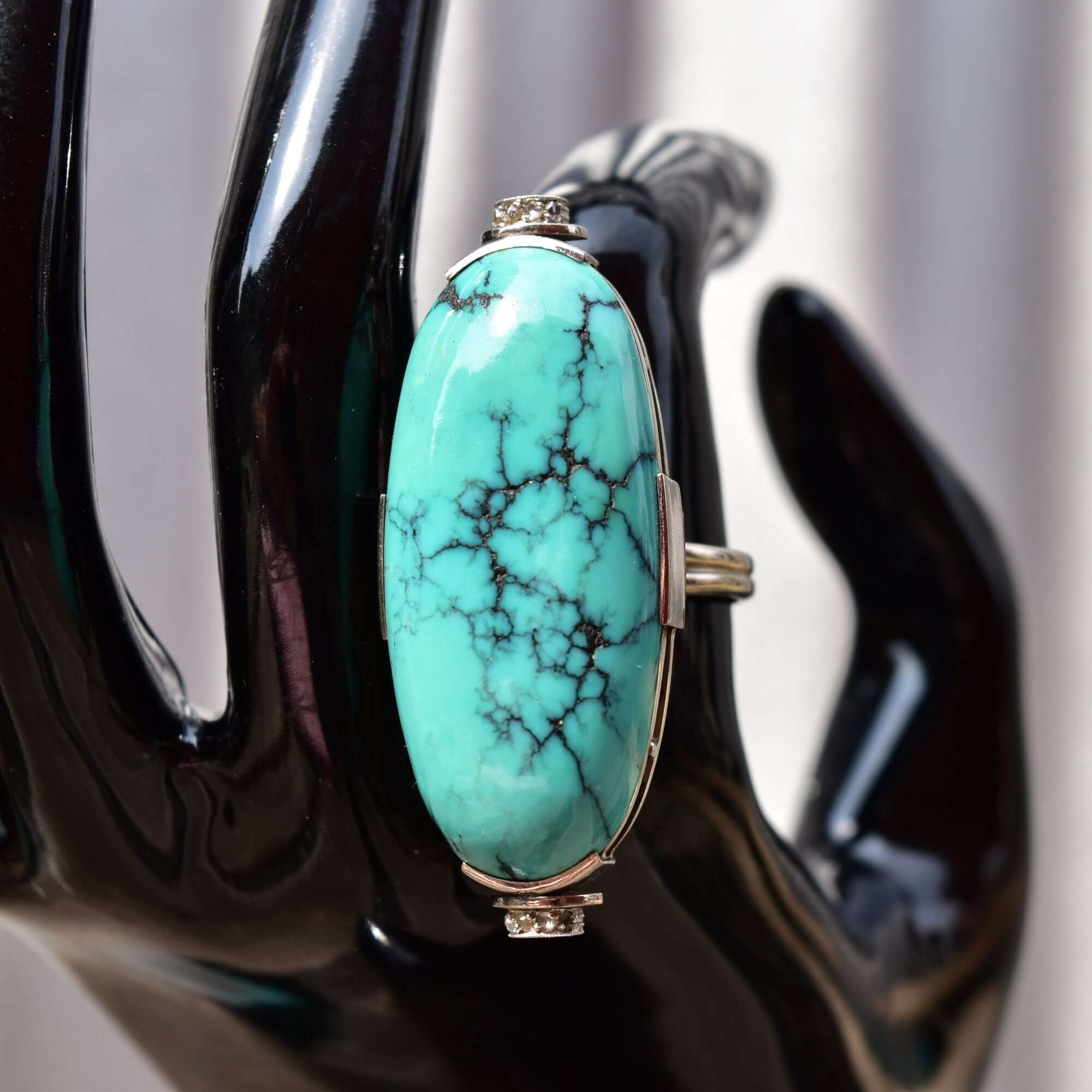 Huge Platinum Turquoise Cabochon Diamond Accent Statement Ring W/ 14K White Gold Band, Estate Jewelry, 7 1/4 US