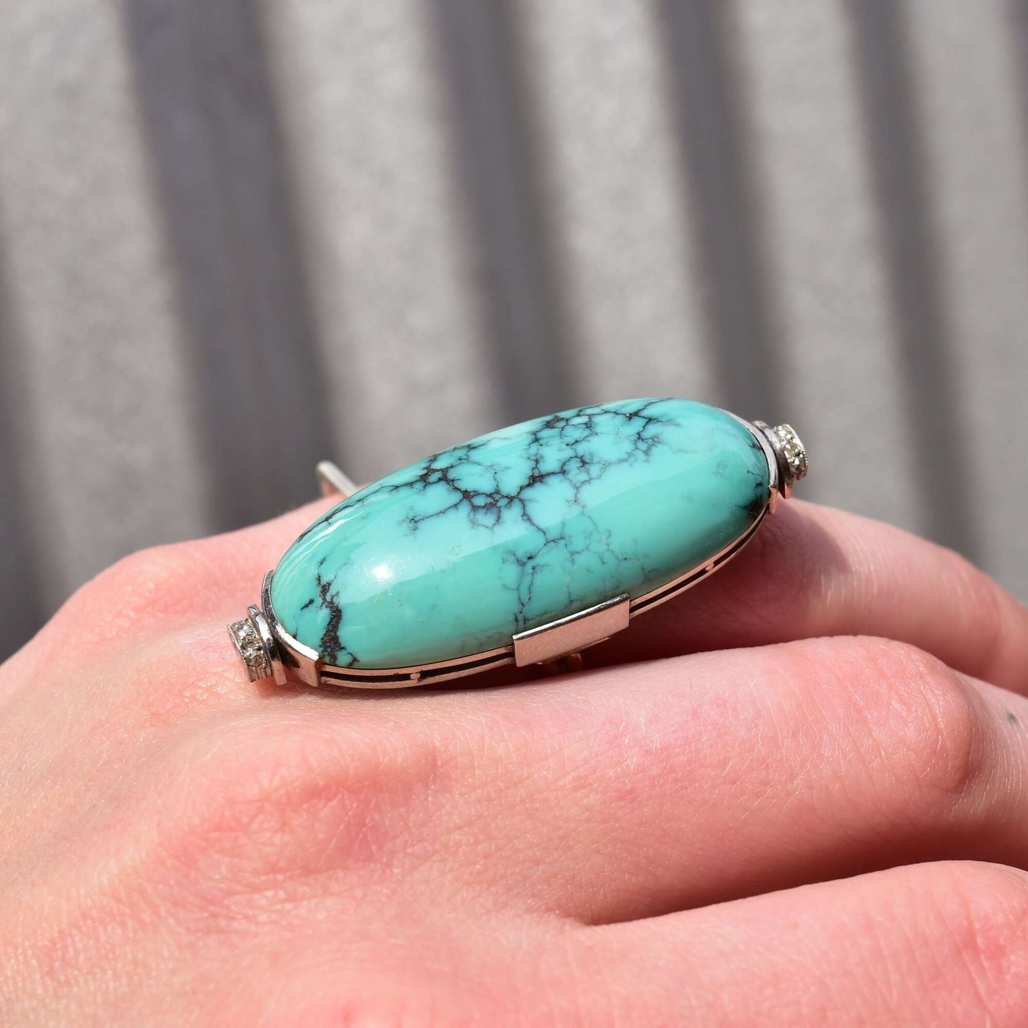Huge Platinum Turquoise Cabochon Diamond Accent Statement Ring W/ 14K White Gold Band, Estate Jewelry, 7 1/4 US