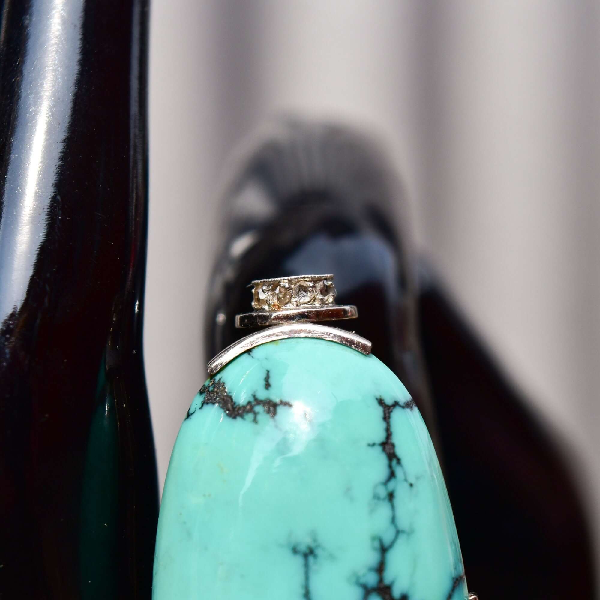 Huge Platinum Turquoise Cabochon Diamond Accent Statement Ring W/ 14K White Gold Band, Estate Jewelry, 7 1/4 US