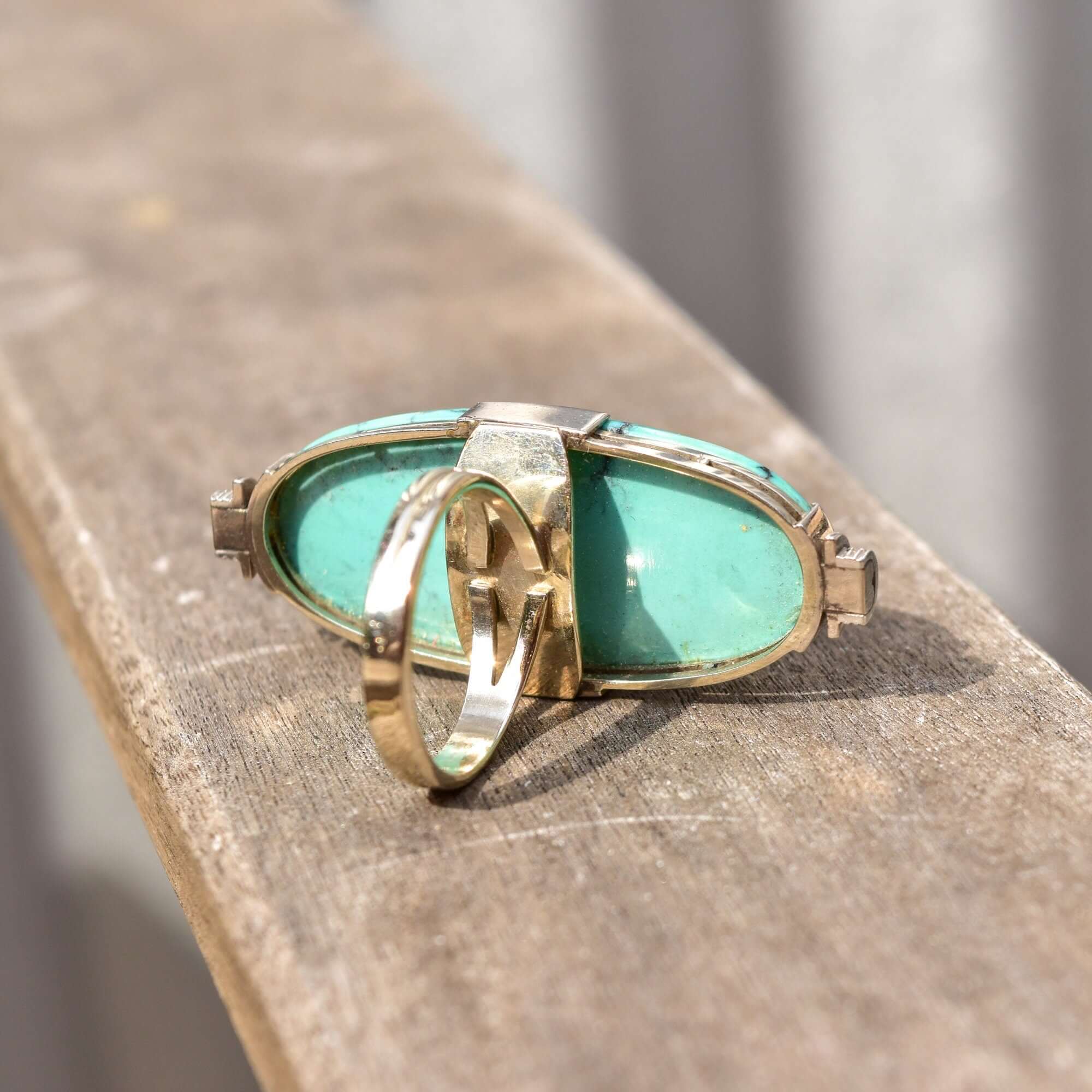 Huge Platinum Turquoise Cabochon Diamond Accent Statement Ring W/ 14K White Gold Band, Estate Jewelry, 7 1/4 US