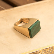 Modernist 14K Malachite Tall Square Ring, Polished Geometric Design, Estate Jewelry, 6 US