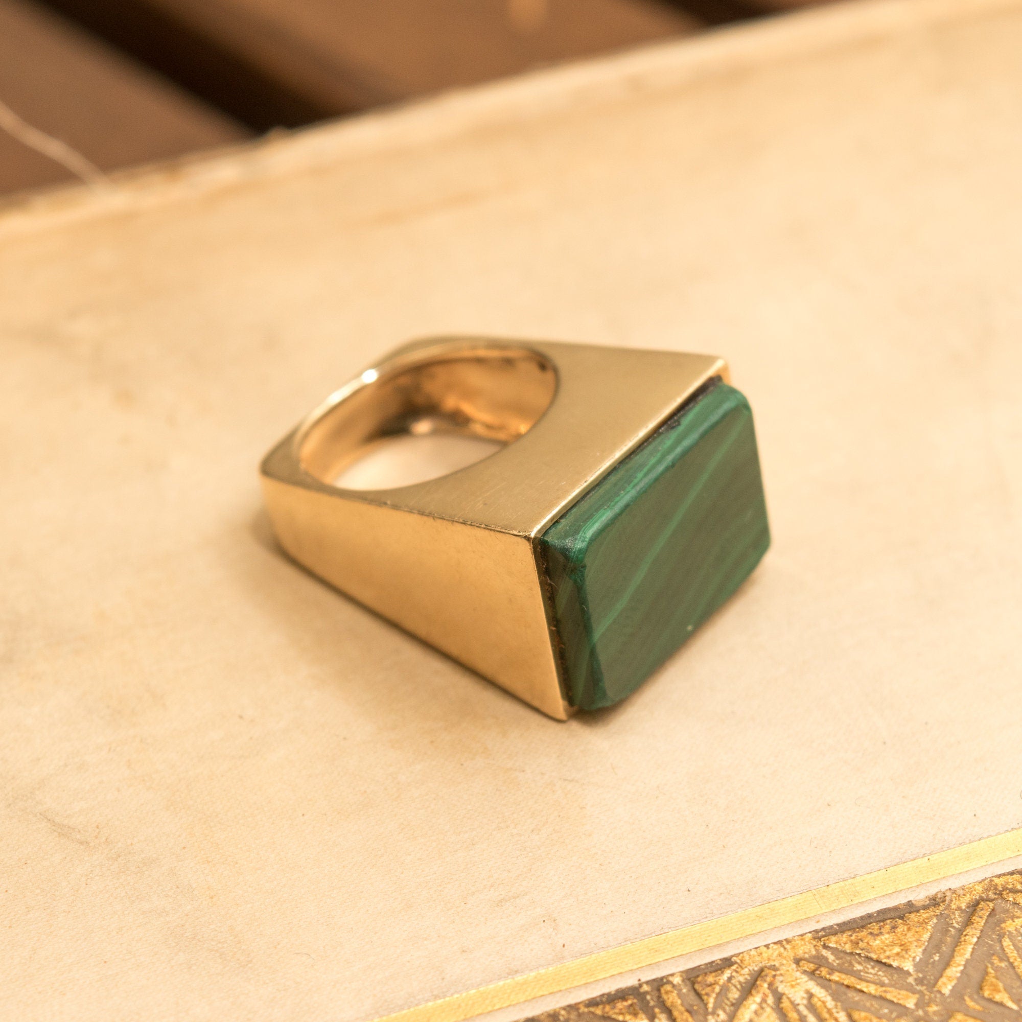 Modernist 14K Malachite Tall Square Ring, Polished Geometric Design, Estate Jewelry, 6 US