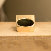 Modernist 14K Malachite Tall Square Ring, Polished Geometric Design, Estate Jewelry, 6 US