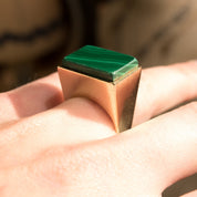 Modernist 14K Malachite Tall Square Ring, Polished Geometric Design, Estate Jewelry, 6 US