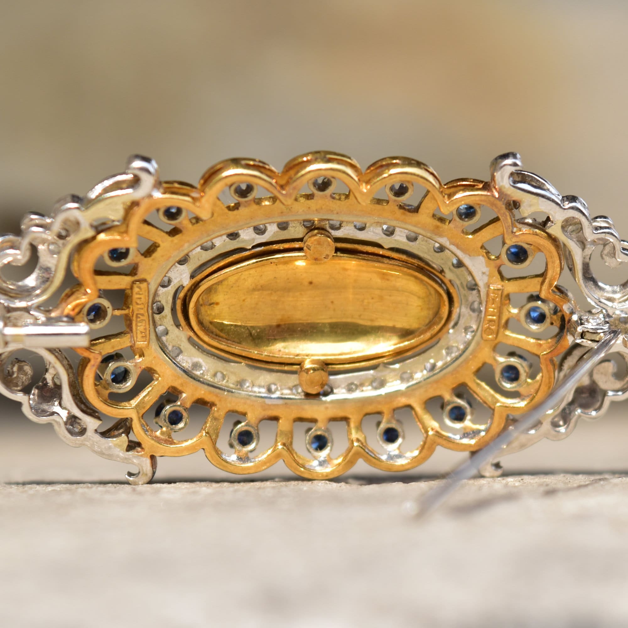 Toliro Italy 18K Diamond Encrusted Sapphire Enamel Flower Brooch Pendant, Estate Jewelry, 54mm
