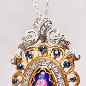 Toliro Italy 18K Diamond Encrusted Sapphire Enamel Flower Brooch Pendant, Estate Jewelry, 54mm