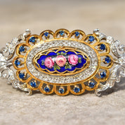 Toliro Italy 18K Diamond Encrusted Sapphire Enamel Flower Brooch Pendant, Estate Jewelry, 54mm