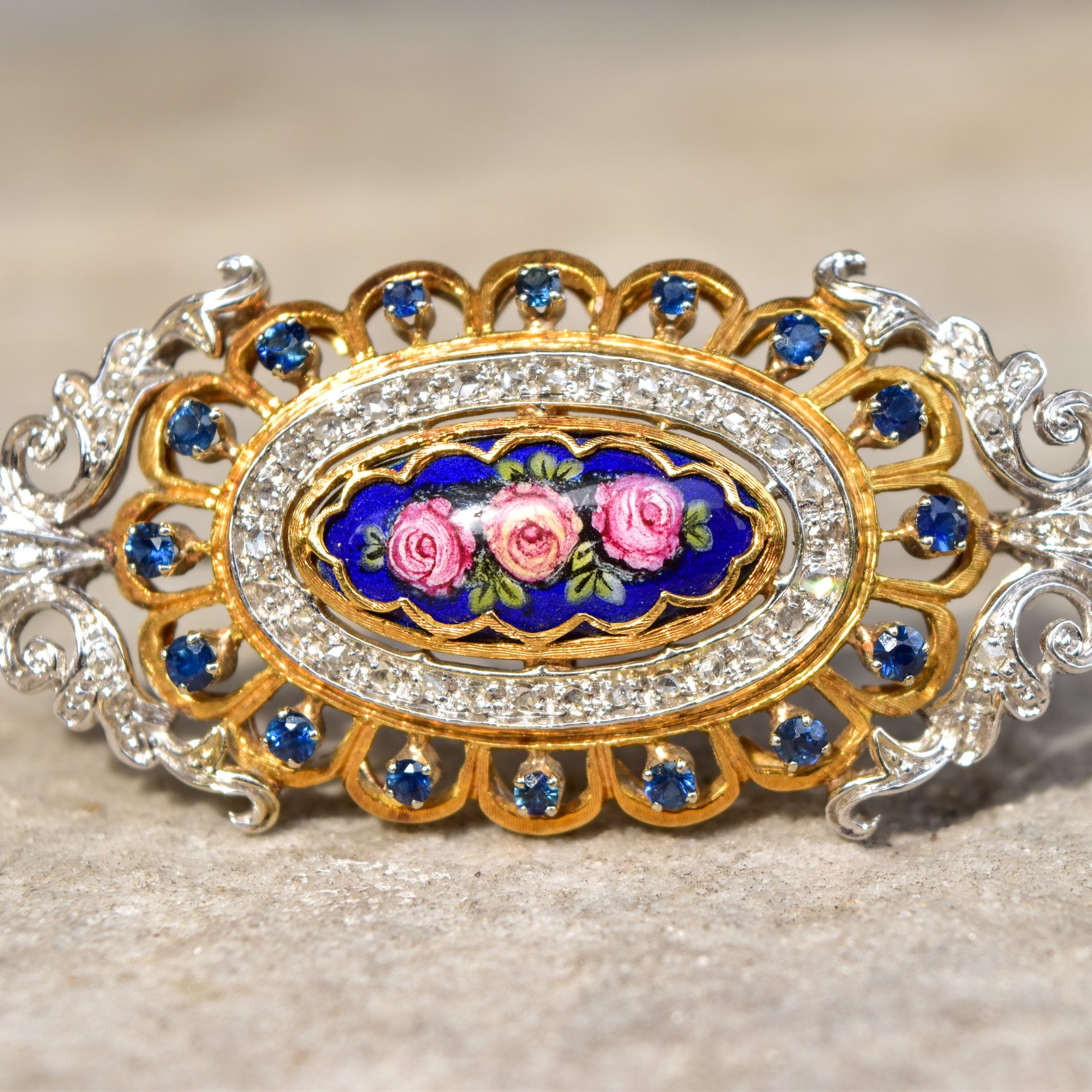 Toliro Italy 18K Diamond Encrusted Sapphire Enamel Flower Brooch Pendant, Estate Jewelry, 54mm