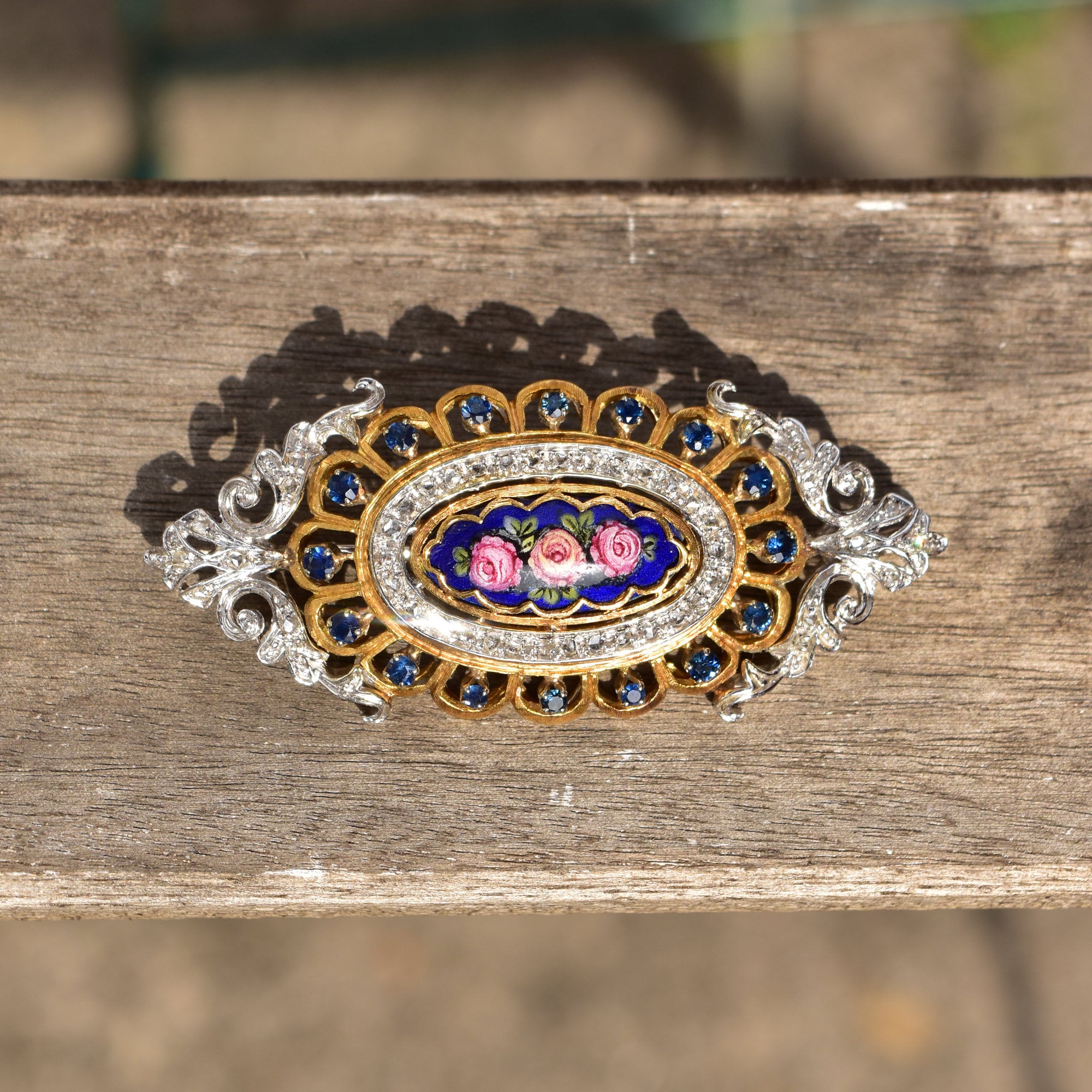 Toliro Italy 18K Diamond Encrusted Sapphire Enamel Flower Brooch Pendant, Estate Jewelry, 54mm