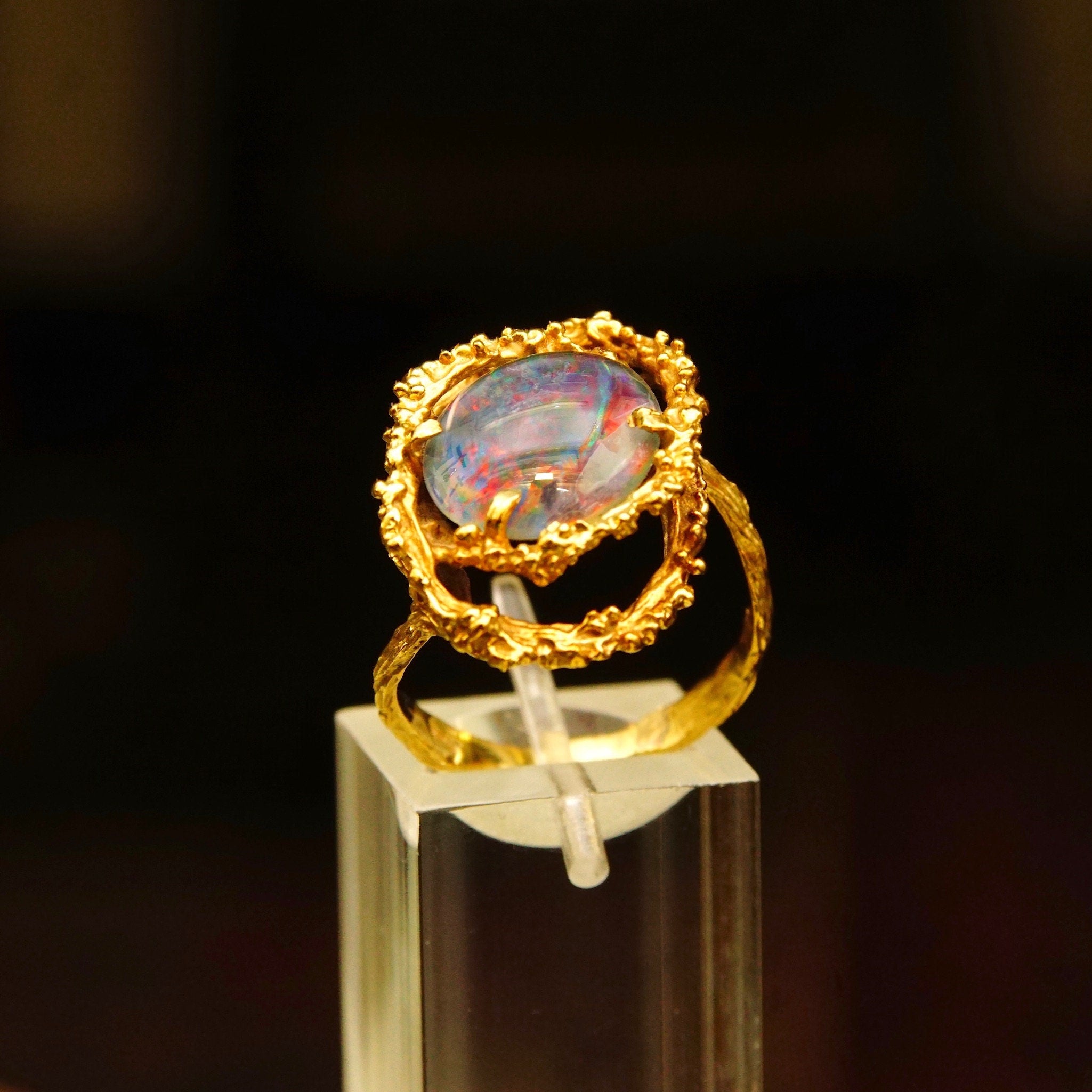 Brutalist 14K Black Opal Cocktail Ring, Genuine Opal, Textured Yellow Gold Setting & Band, 585 Gemstone Cabochon, Size 8 1/2 US