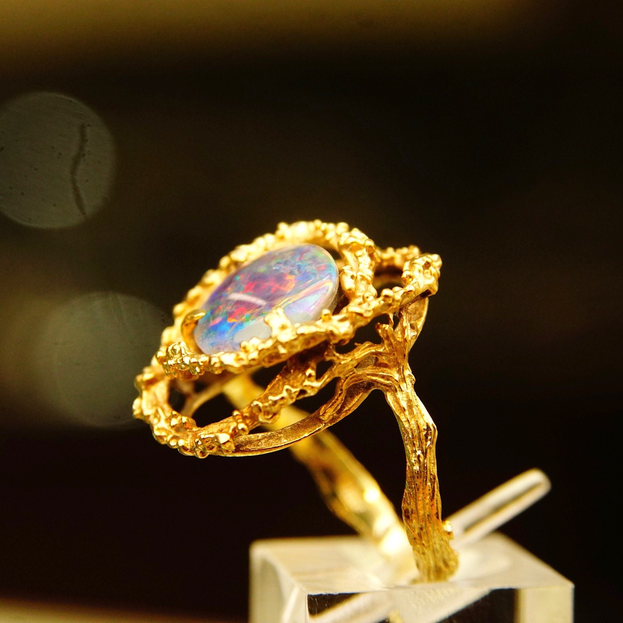 Brutalist 14K Black Opal Cocktail Ring, Genuine Opal, Textured Yellow Gold Setting & Band, 585 Gemstone Cabochon, Size 8 1/2 US