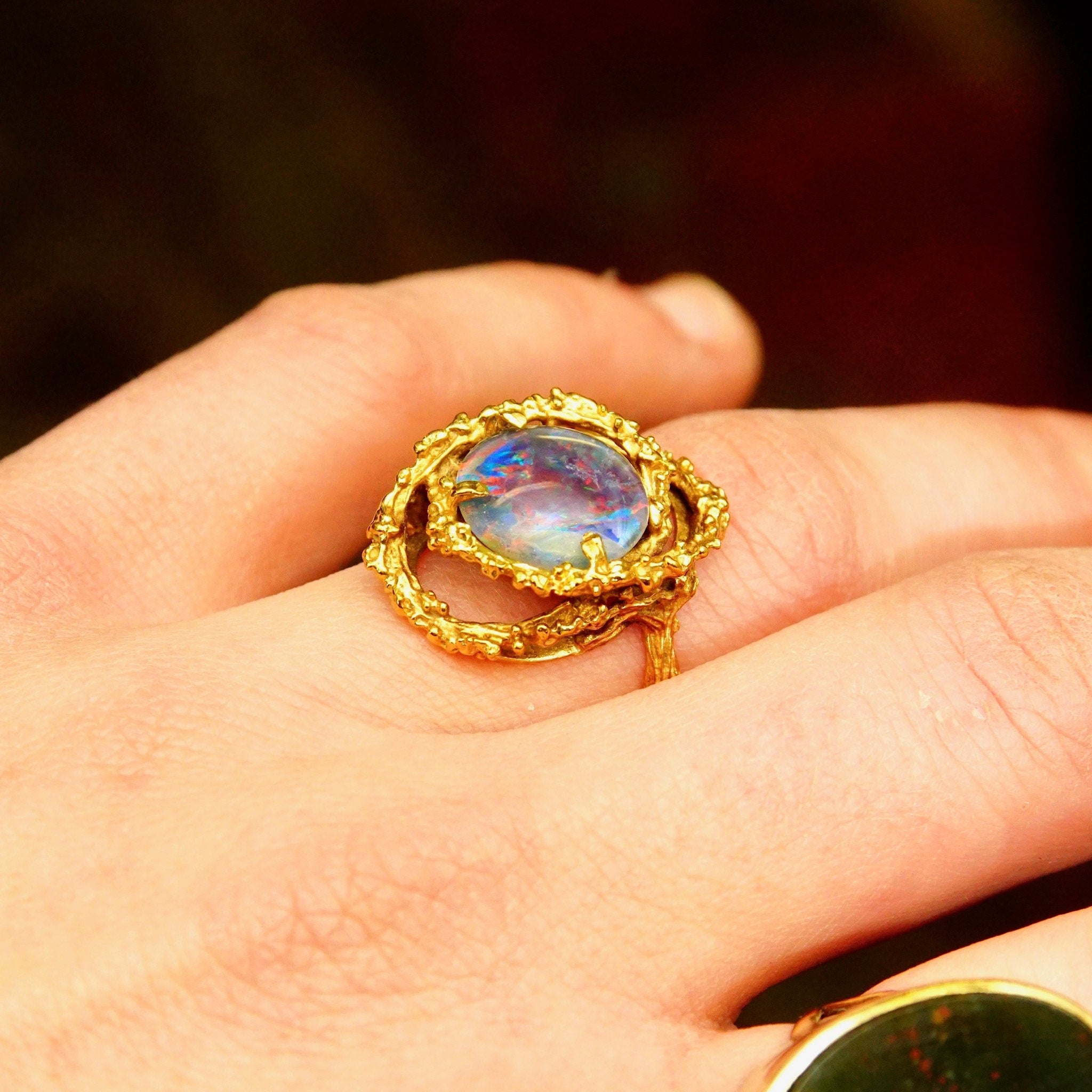 Brutalist 14K Black Opal Cocktail Ring, Genuine Opal, Textured Yellow Gold Setting & Band, 585 Gemstone Cabochon, Size 8 1/2 US