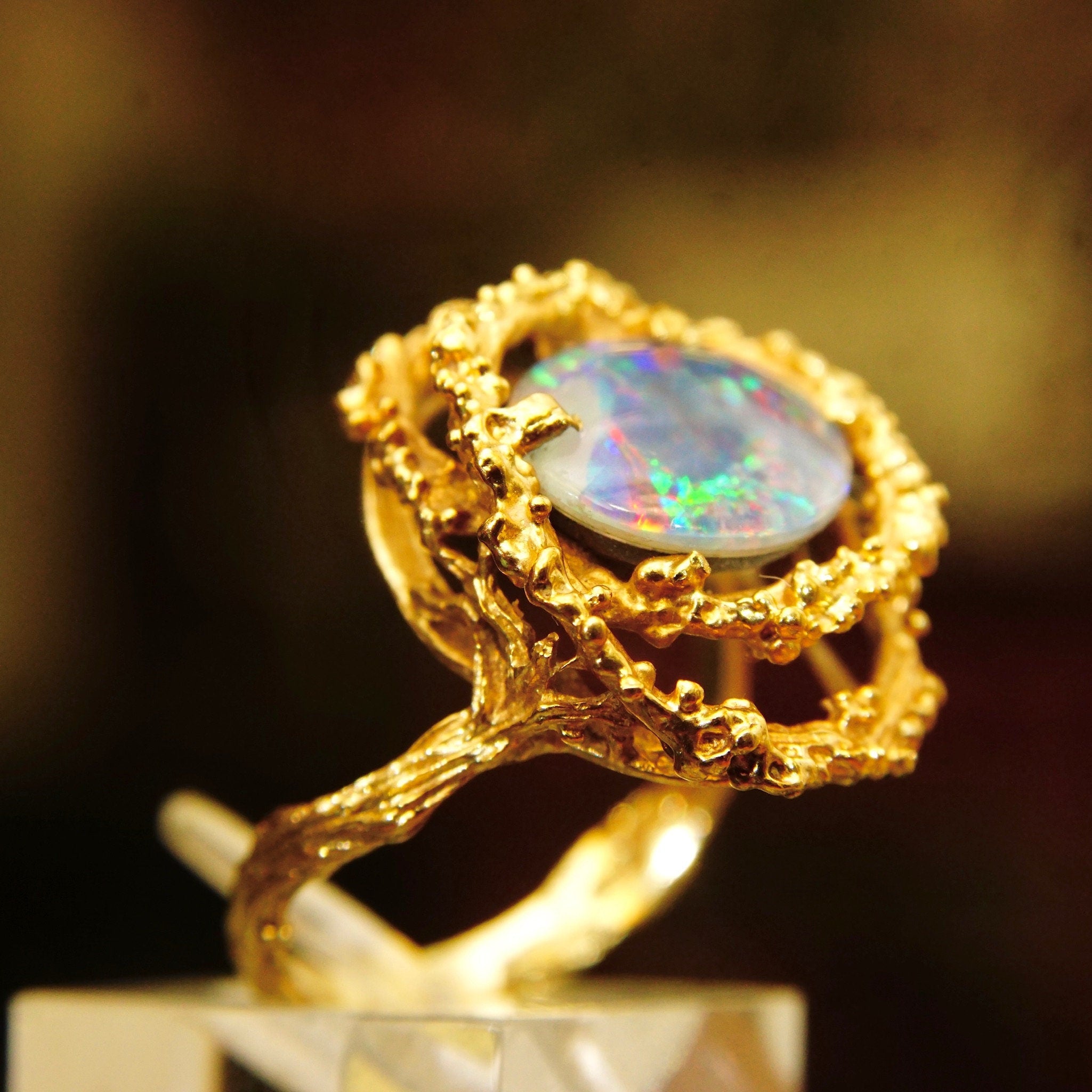 Brutalist 14K Black Opal Cocktail Ring, Genuine Opal, Textured Yellow Gold Setting & Band, 585 Gemstone Cabochon, Size 8 1/2 US