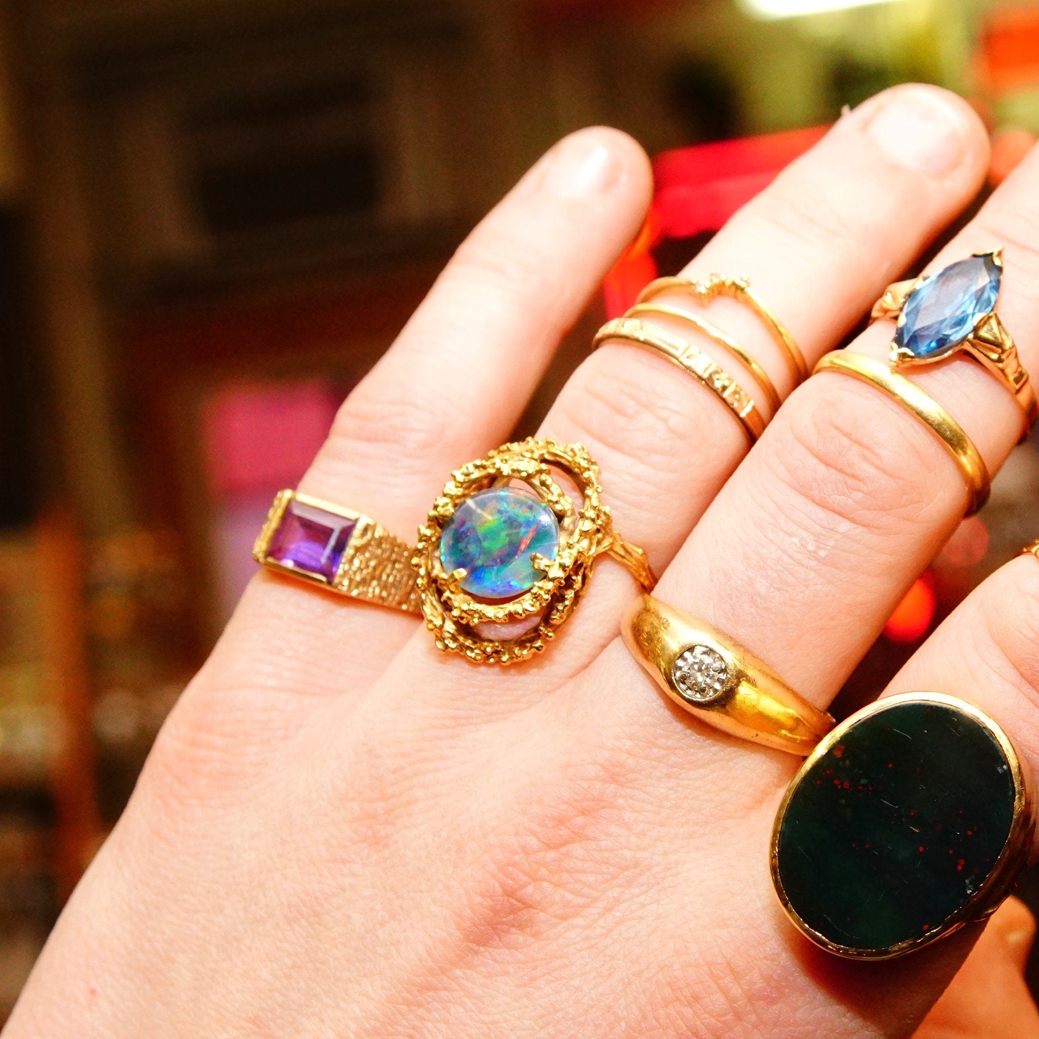 Brutalist 14K Black Opal Cocktail Ring, Genuine Opal, Textured Yellow Gold Setting & Band, 585 Gemstone Cabochon, Size 8 1/2 US