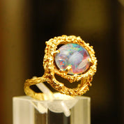Brutalist 14K Black Opal Cocktail Ring, Genuine Opal, Textured Yellow Gold Setting & Band, 585 Gemstone Cabochon, Size 8 1/2 US