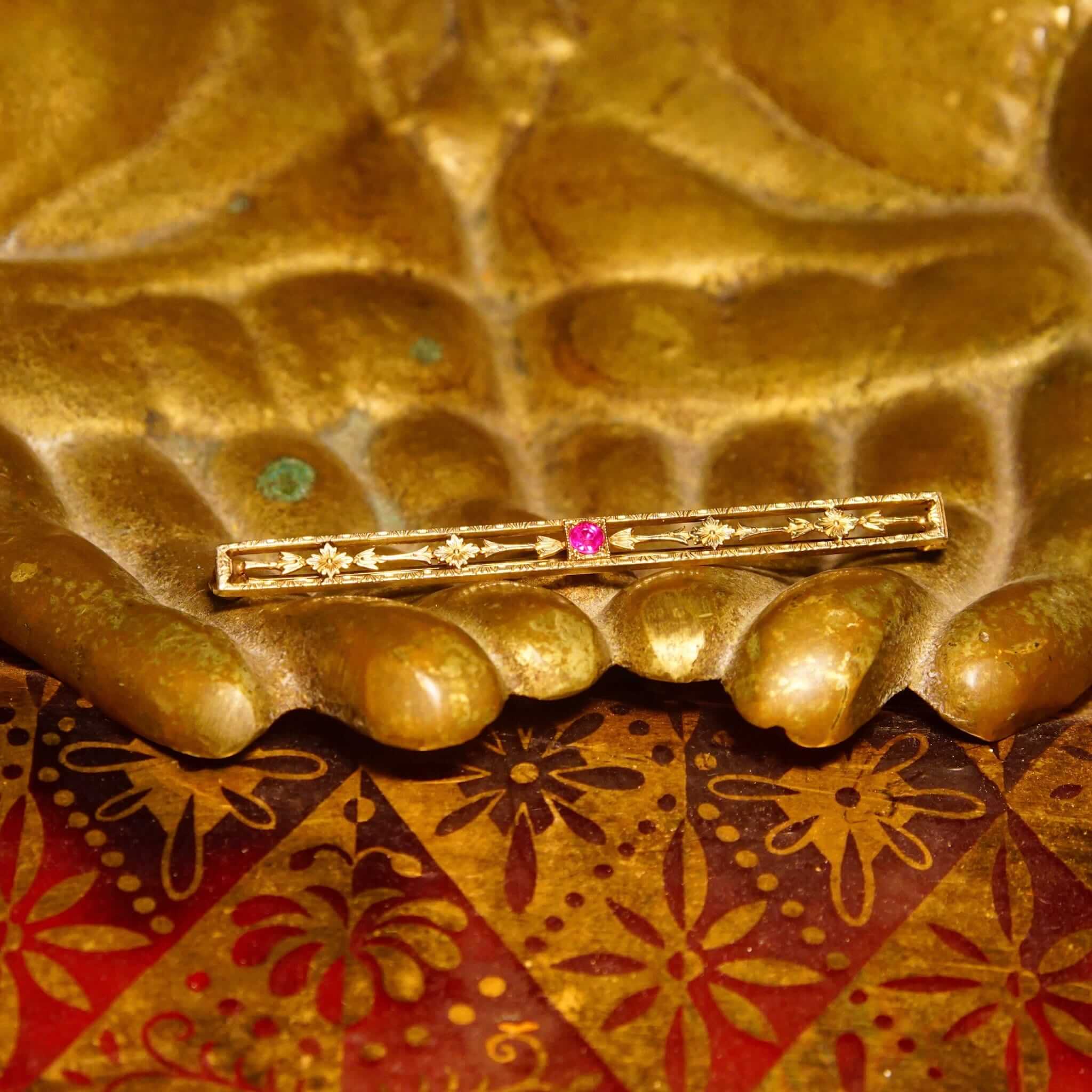 Art Deco 10K Yellow Gold Ruby Bar Pin, Floral Embellishments, Pink Ruby Accent, 57mm