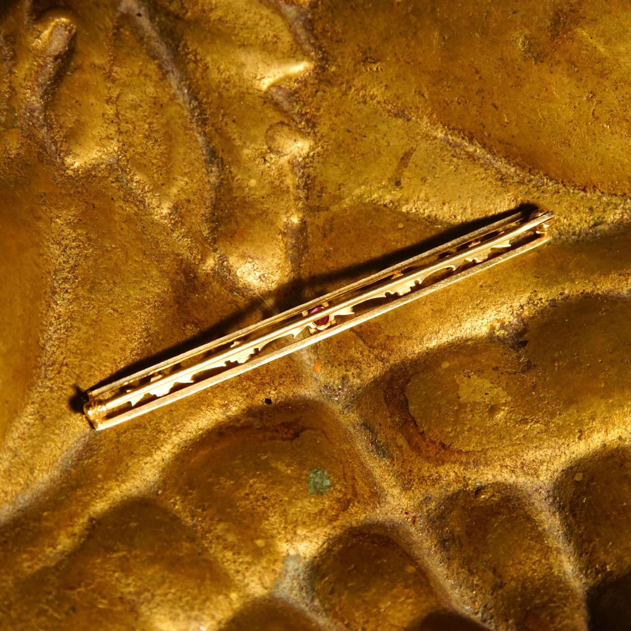 Art Deco 10K Yellow Gold Ruby Bar Pin, Floral Embellishments, Pink Ruby Accent, 57mm