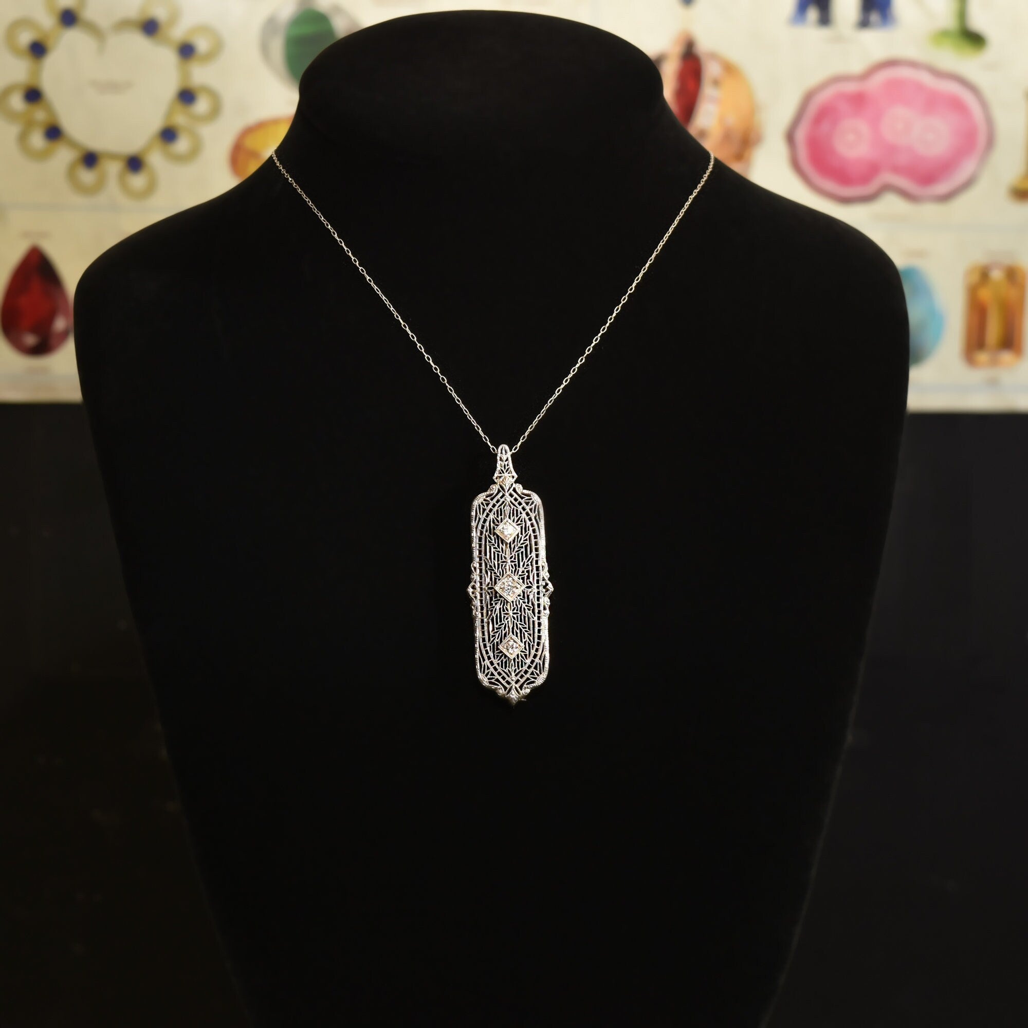 Edwardian 14K White Gold Filigree Diamond Brooch Pendant, Antique Jewelry, 2"