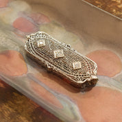 Edwardian 14K White Gold Filigree Diamond Brooch Pendant, Antique Jewelry, 2"
