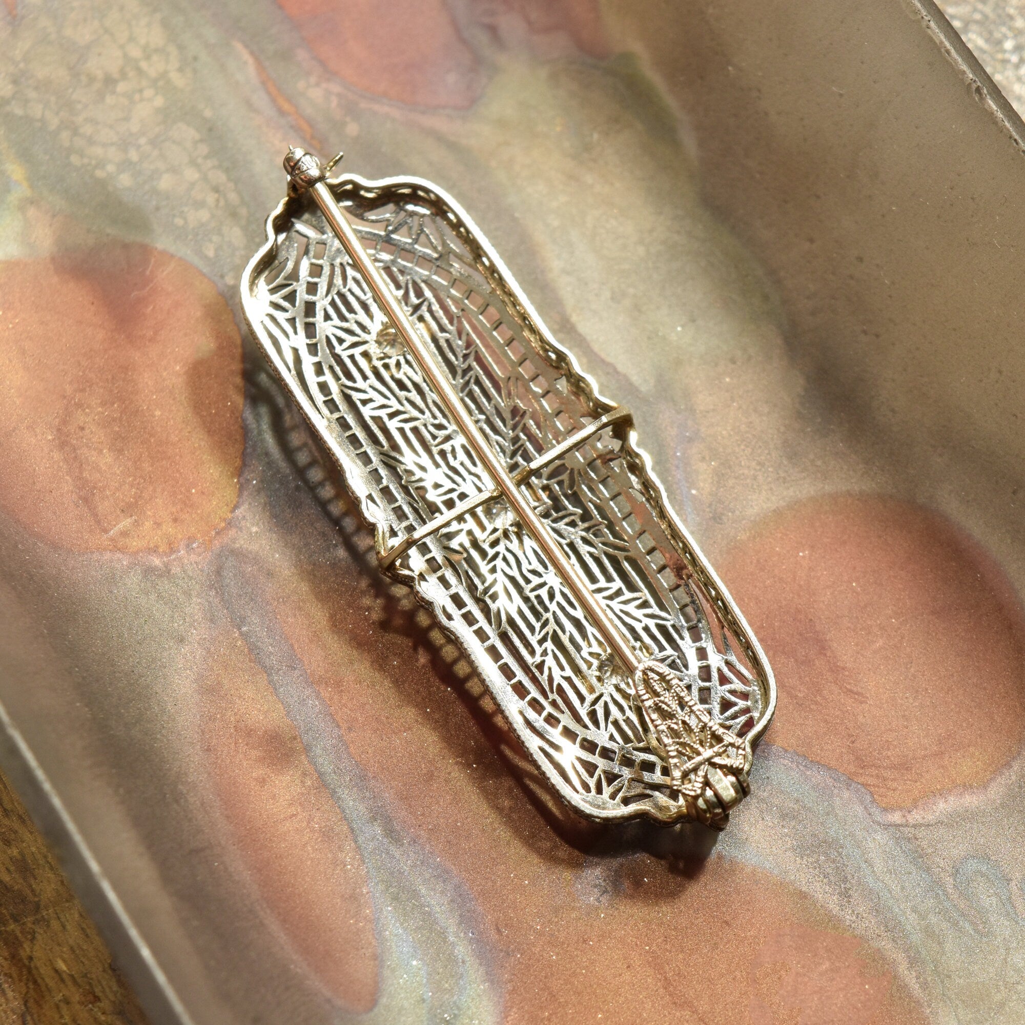 Edwardian 14K White Gold Filigree Diamond Brooch Pendant, Antique Jewelry, 2"