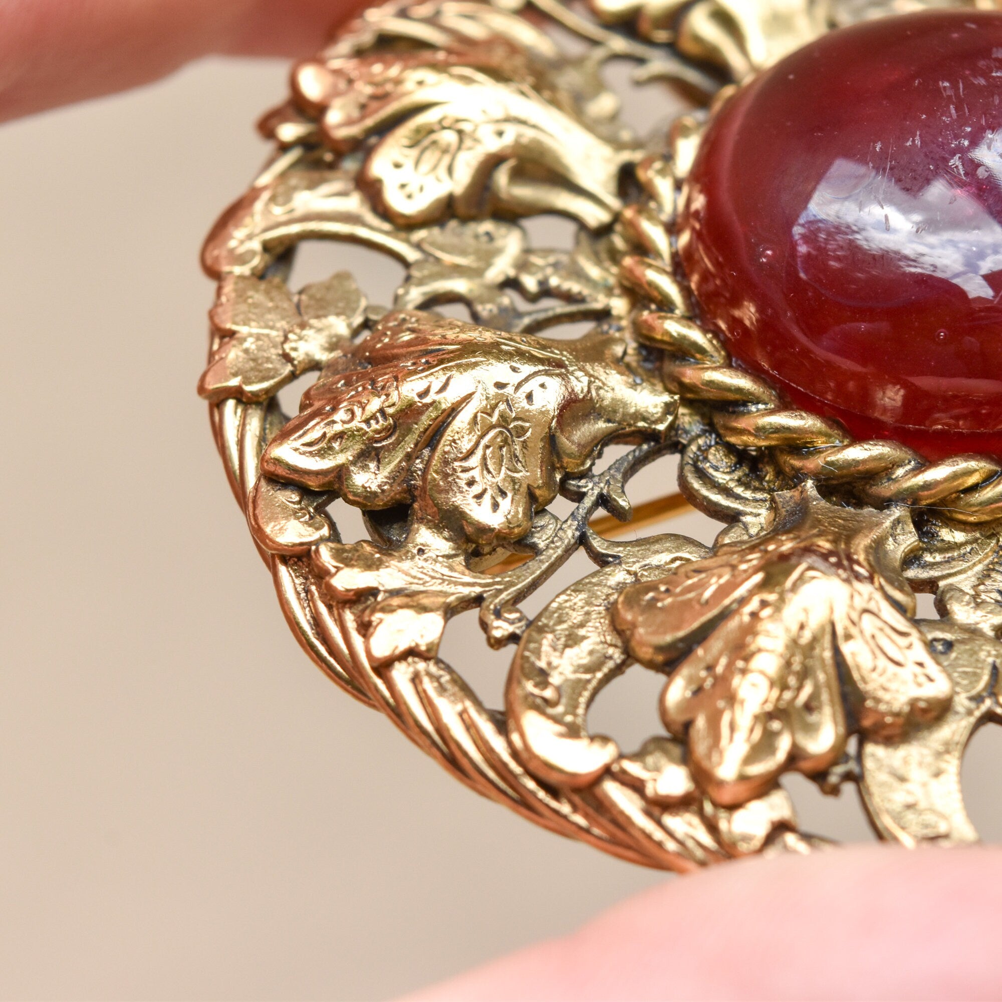 Vintage CHANEL France Byzantine Style Gripoix Glass Gold Leaf Brooch Pendant, Estate Jewelry, 2 5/8"