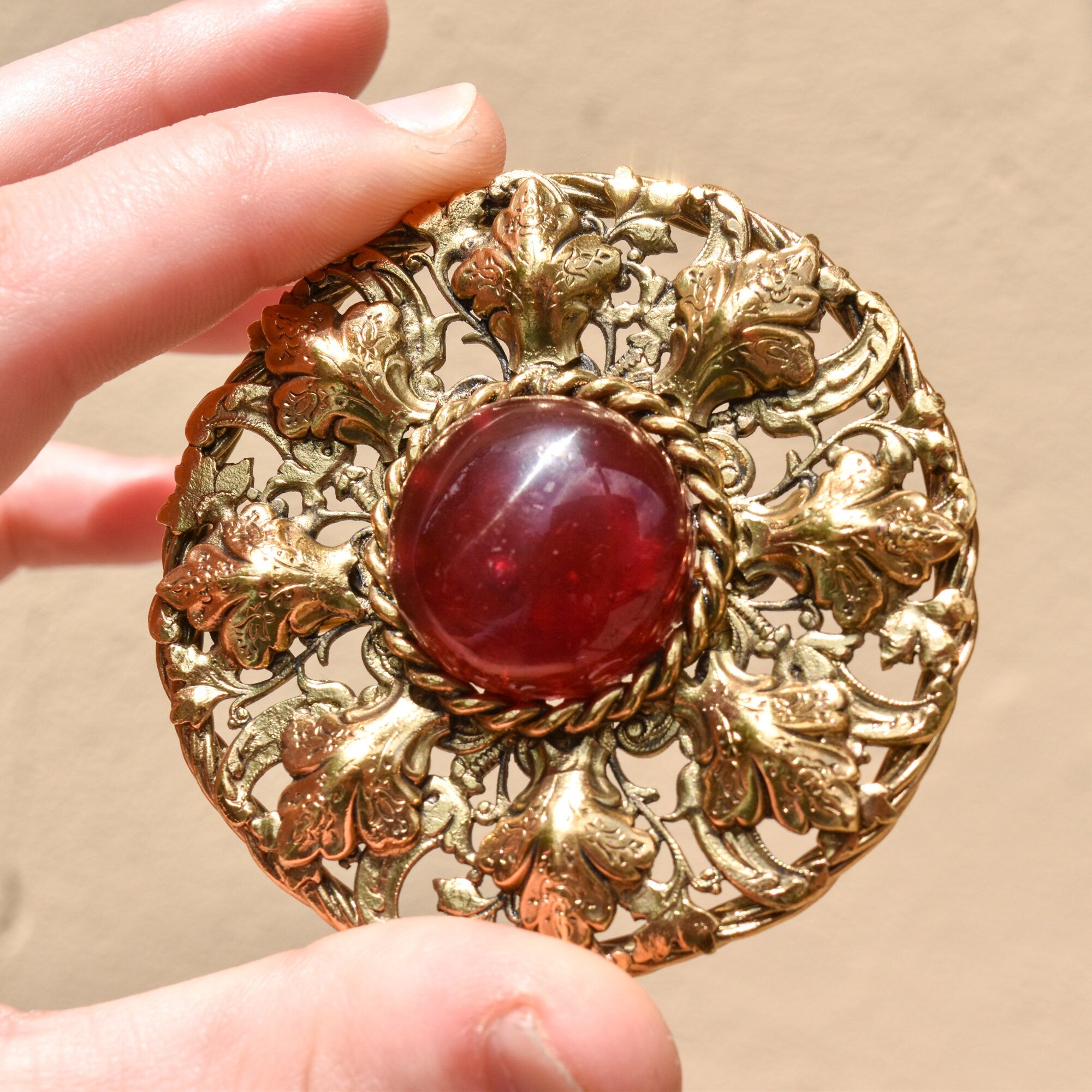 Vintage CHANEL France Byzantine Style Gripoix Glass Gold Leaf Brooch Pendant, Estate Jewelry, 2 5/8"