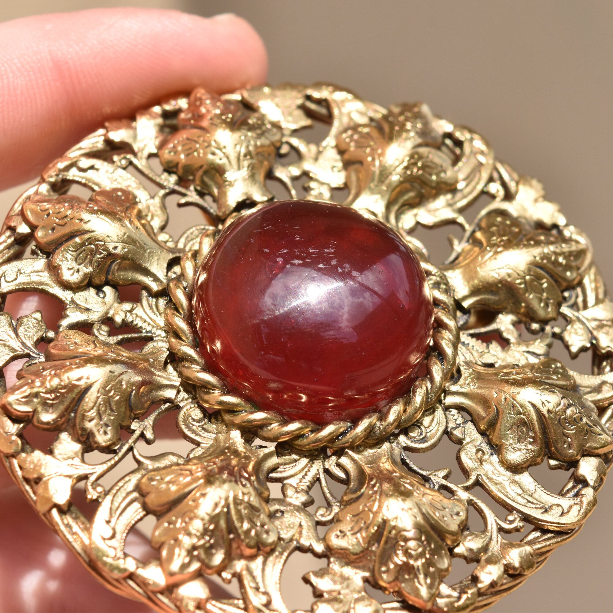 Vintage CHANEL France Byzantine Style Gripoix Glass Gold Leaf Brooch Pendant, Estate Jewelry, 2 5/8"