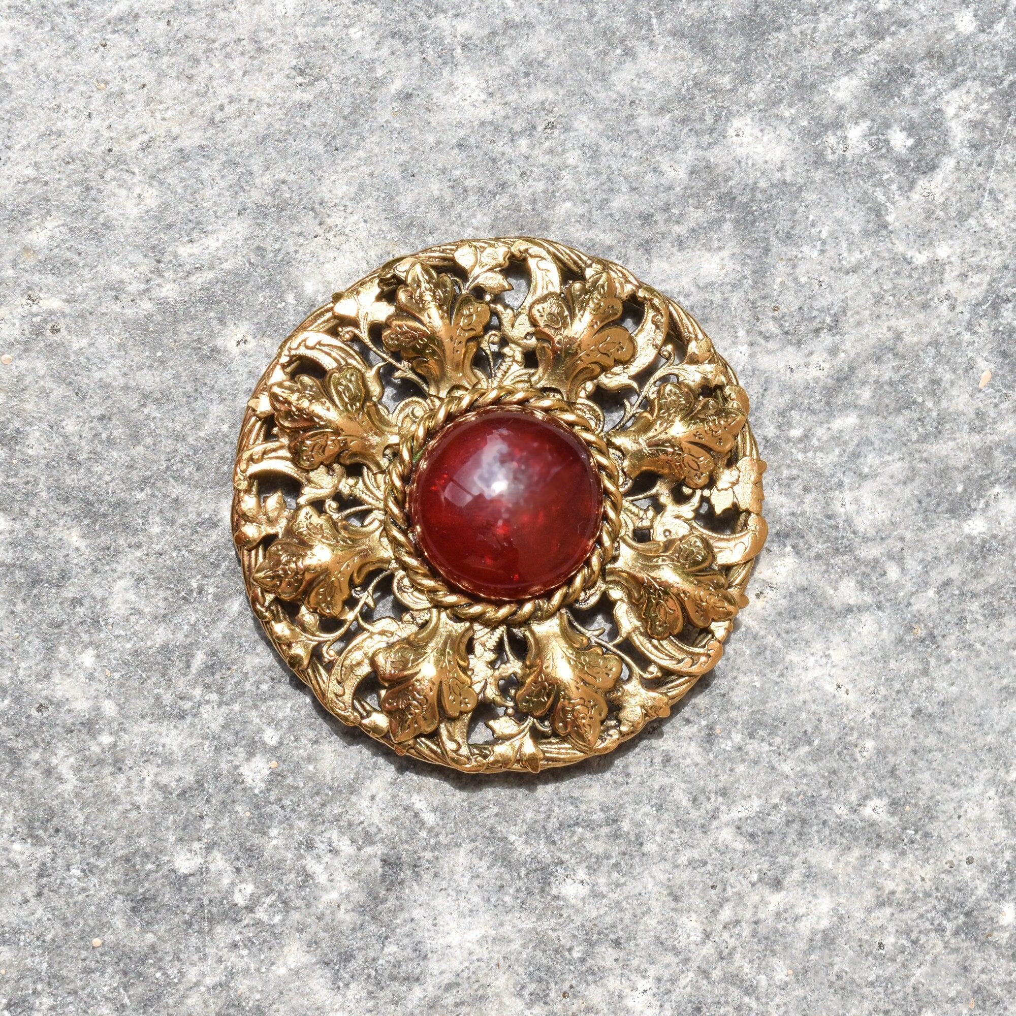 Vintage CHANEL France Byzantine Style Gripoix Glass Gold Leaf Brooch Pendant, Estate Jewelry, 2 5/8"