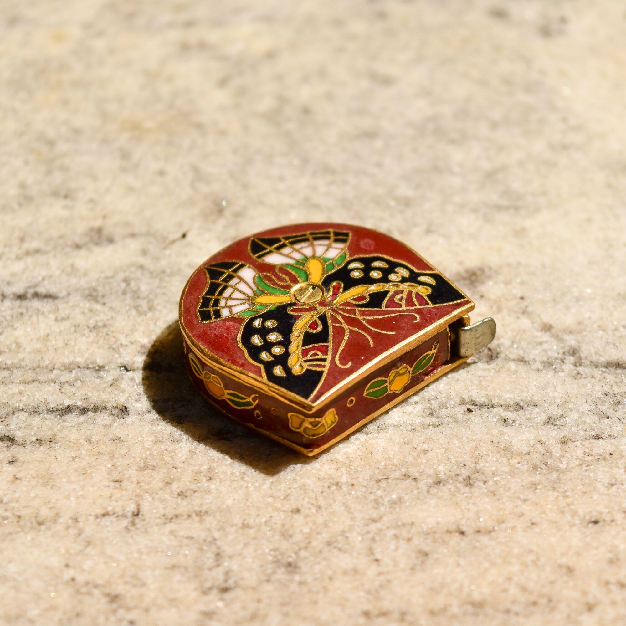 Cloisonn Butterfly Mini Tape Measure, Brass Enamel Inlay, 100cm Measuring Tape