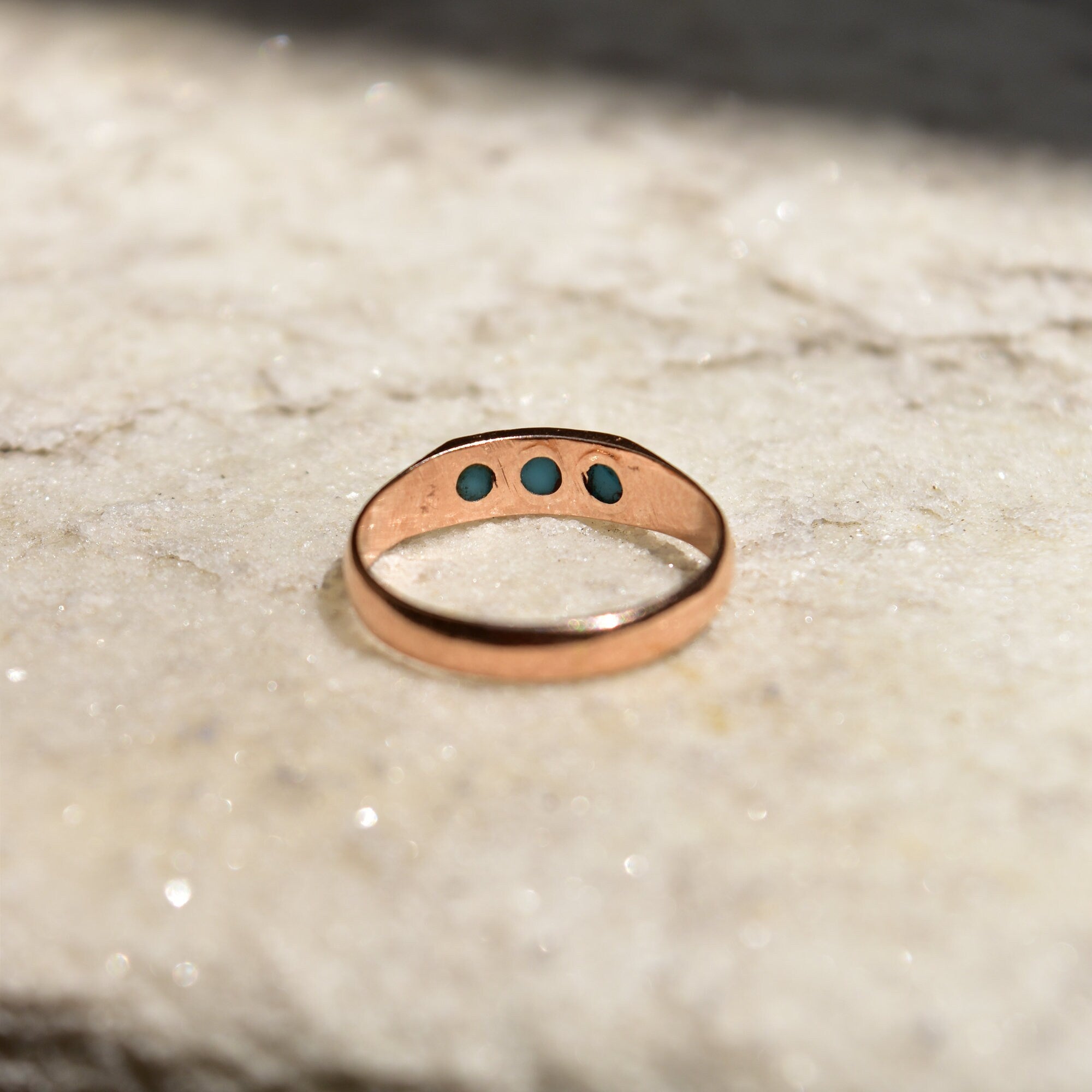 Victorian 14K Rose Gold Turquoise Seed Ring, 3-Stone Band Ring, Estate Jewelry, 7 US