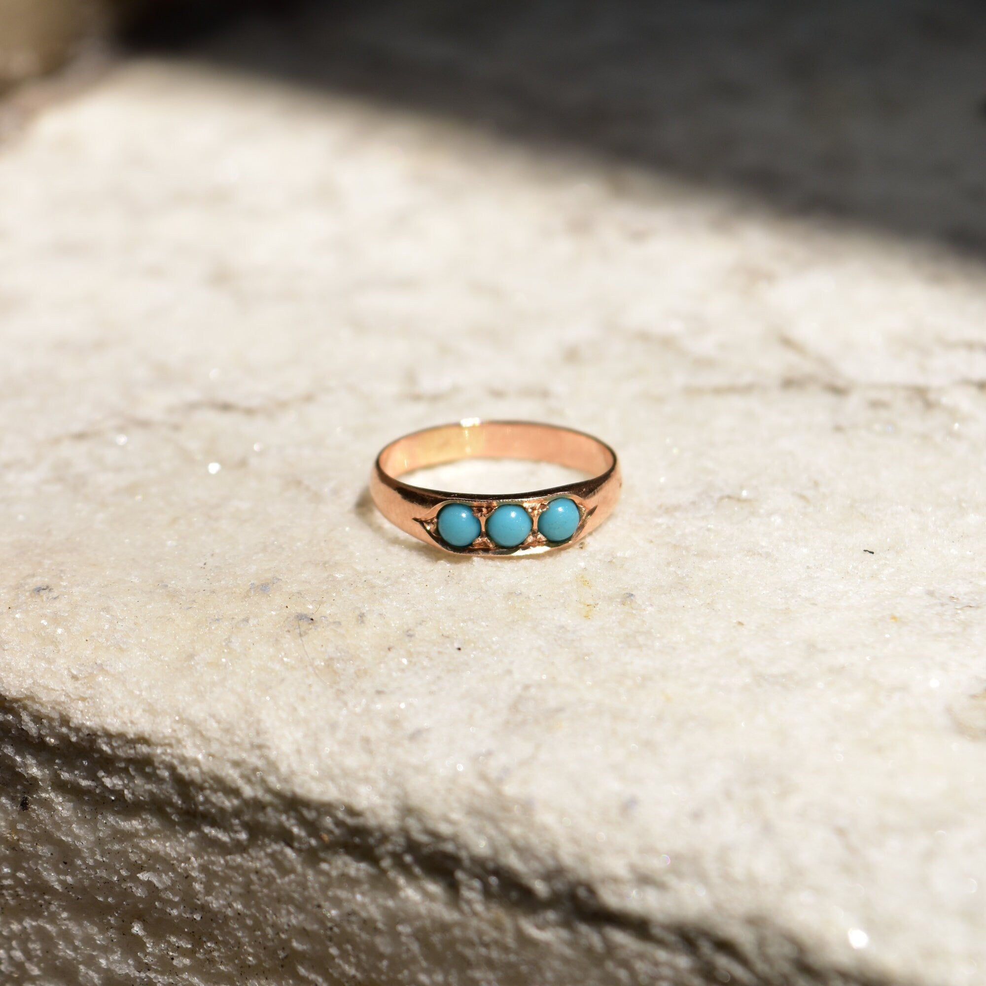 Victorian 14K Rose Gold Turquoise Seed Ring, 3-Stone Band Ring, Estate Jewelry, 7 US
