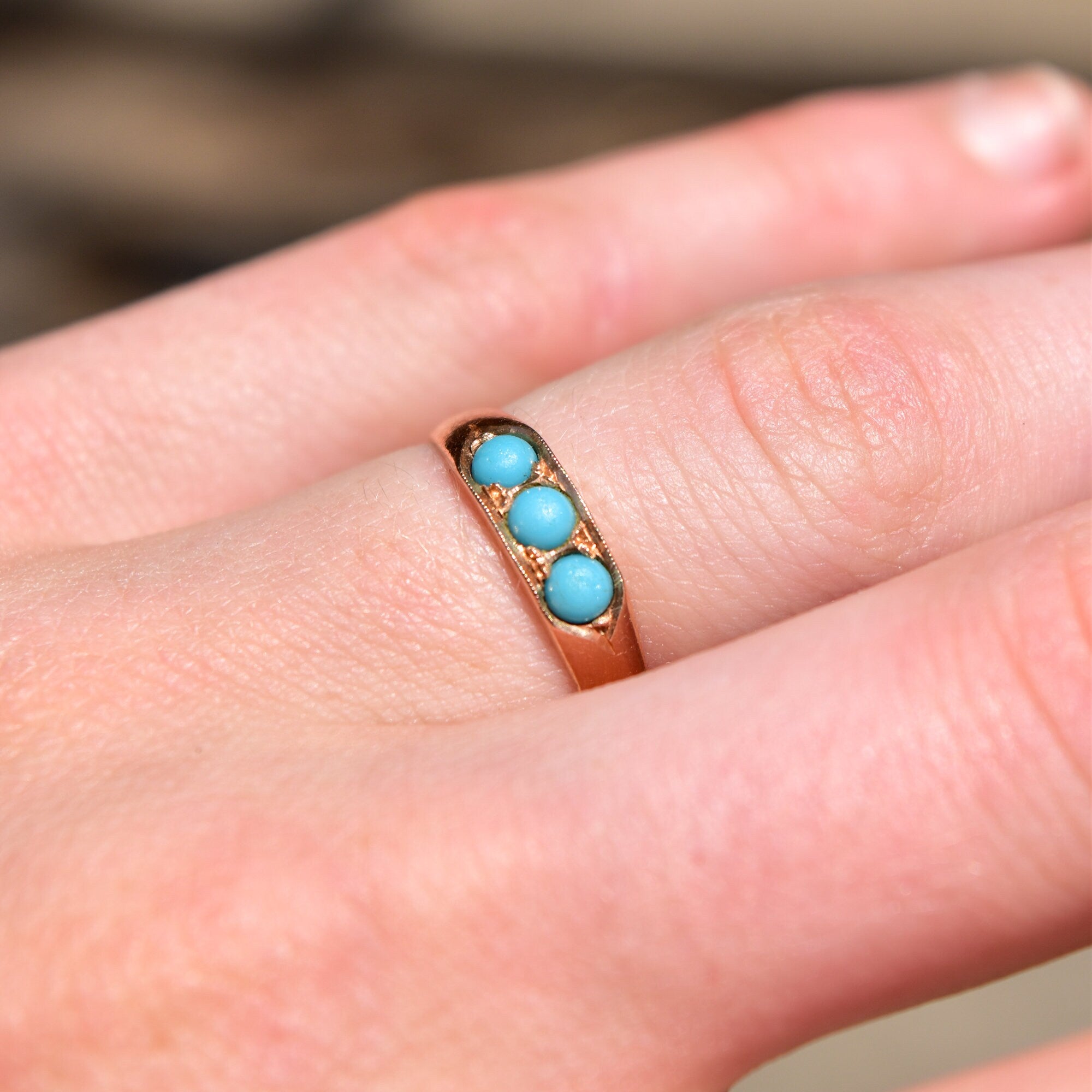 Victorian 14K Rose Gold Turquoise Seed Ring, 3-Stone Band Ring, Estate Jewelry, 7 US