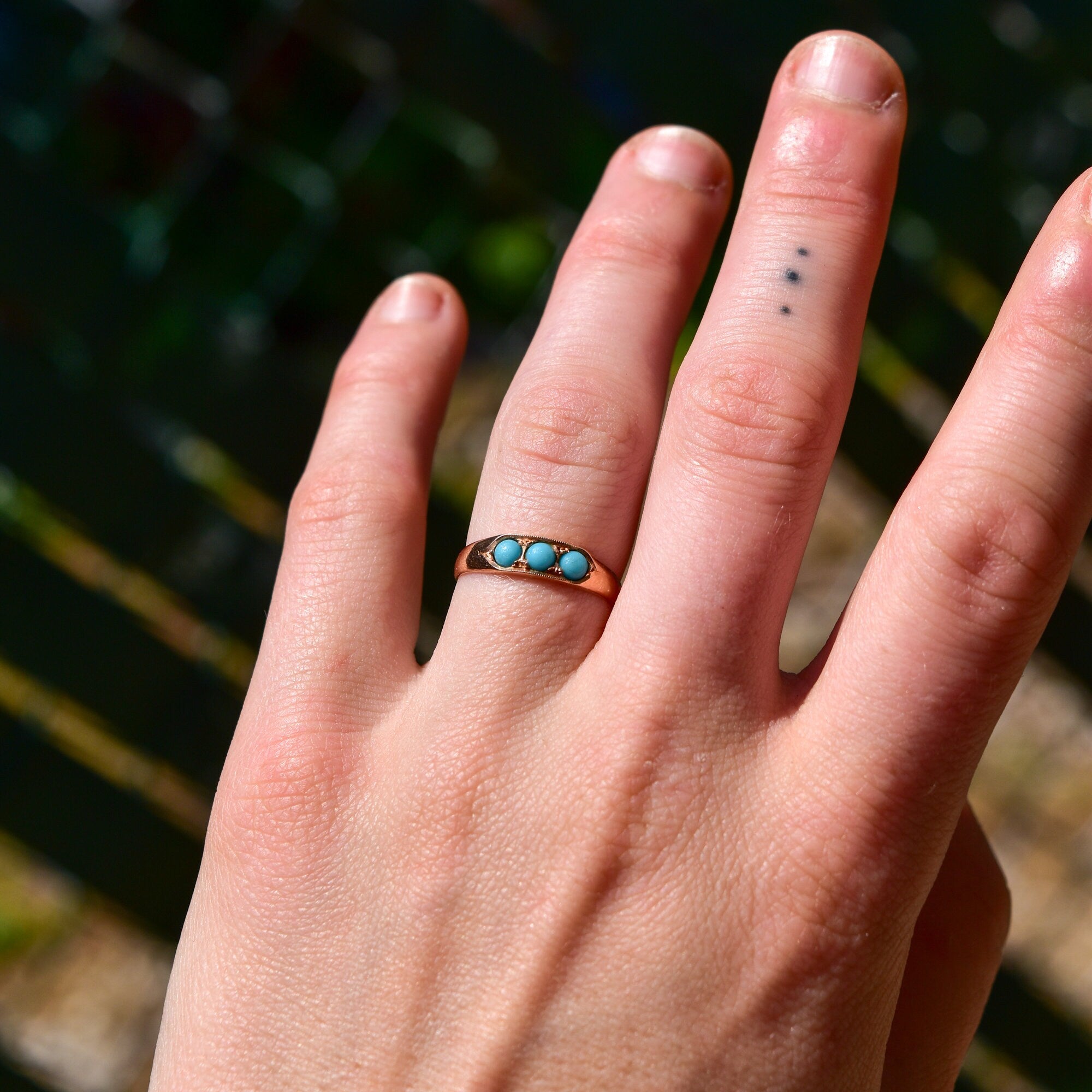 Victorian 14K Rose Gold Turquoise Seed Ring, 3-Stone Band Ring, Estate Jewelry, 7 US