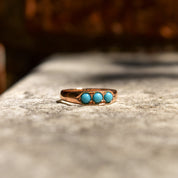 Victorian 14K Rose Gold Turquoise Seed Ring, 3-Stone Band Ring, Estate Jewelry, 7 US
