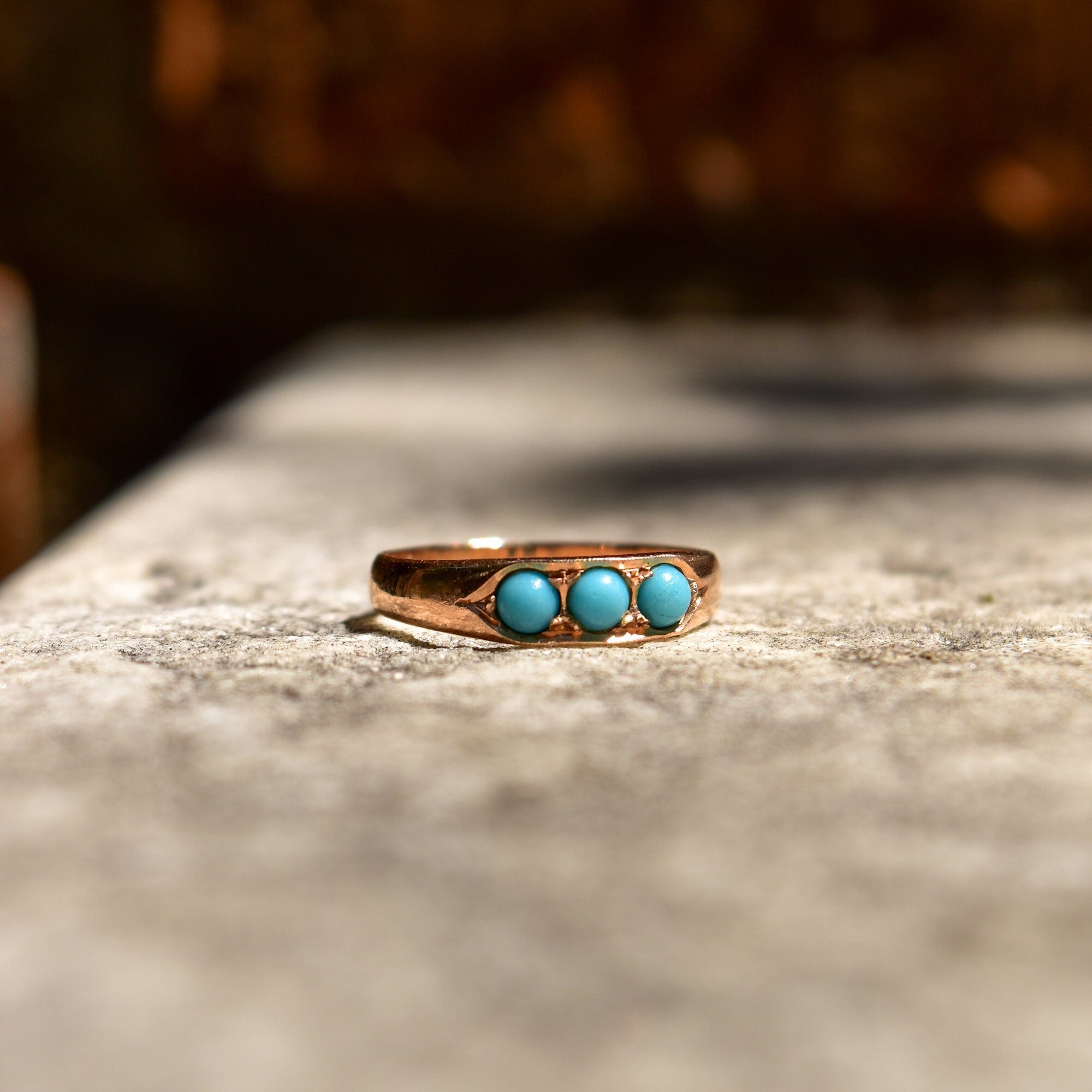 Victorian 14K Rose Gold Turquoise Seed Ring, 3-Stone Band Ring, Estate Jewelry, 7 US