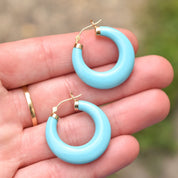 Cute 14K Simulated Turquoise Hoops, Wide-Bottom Design, Small Blue Hoop Earrings, Gift For Her, 30mm