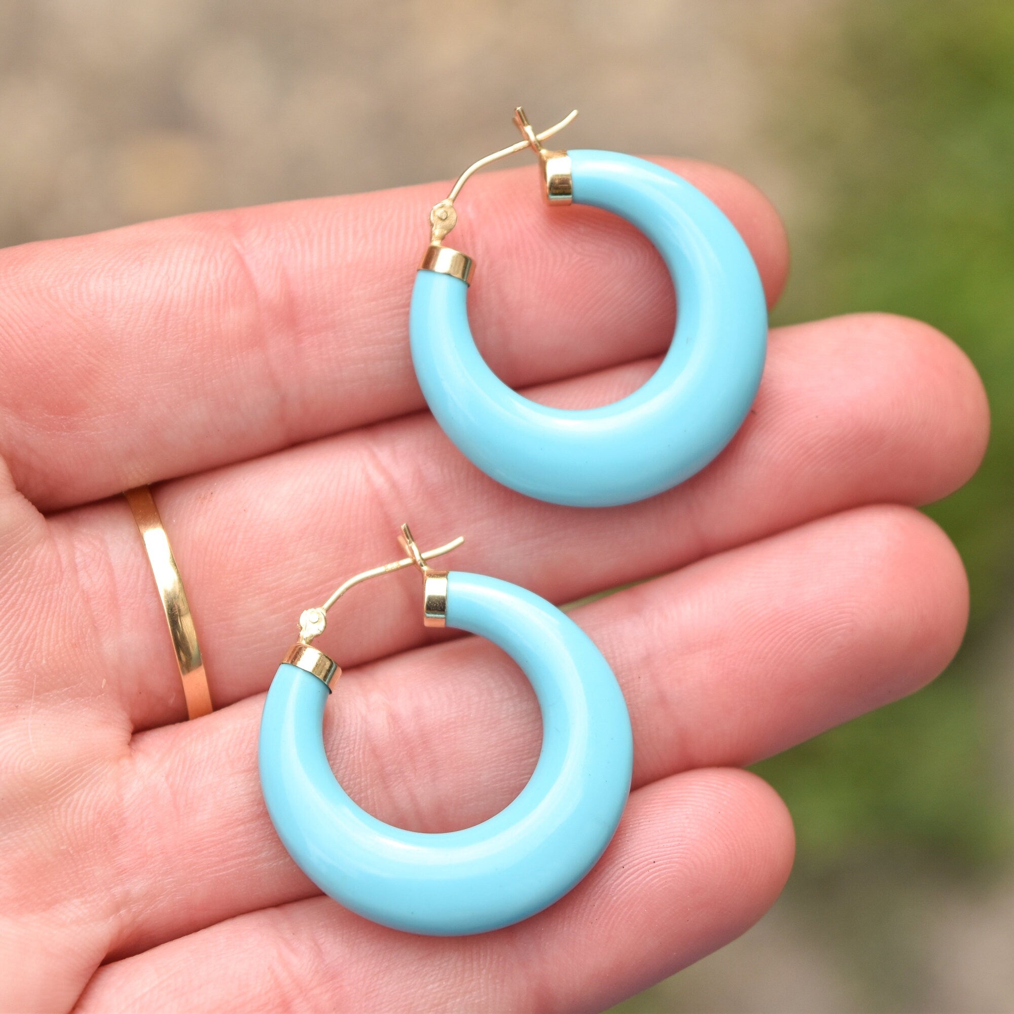 Cute 14K Simulated Turquoise Hoops, Wide-Bottom Design, Small Blue Hoop Earrings, Gift For Her, 30mm