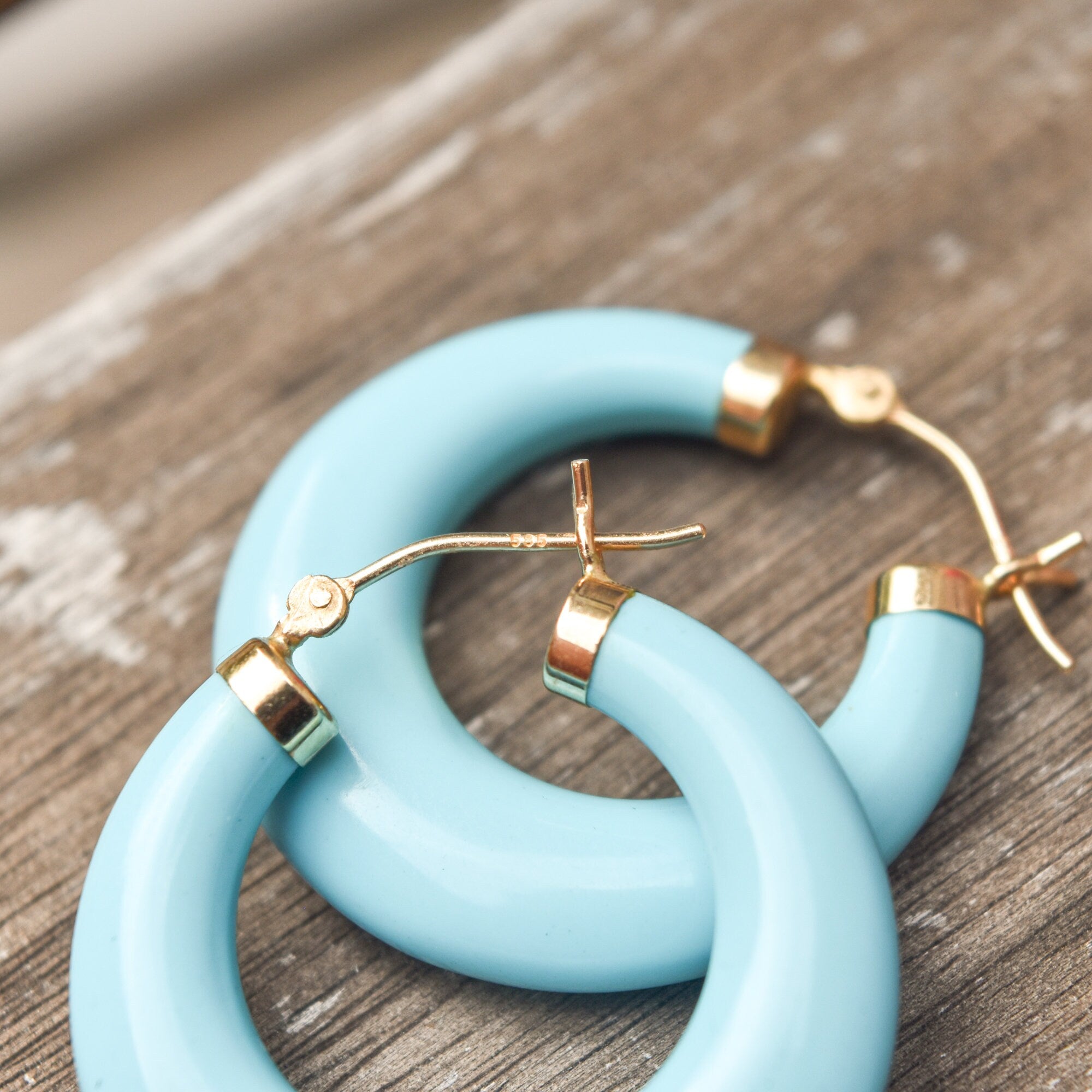Cute 14K Simulated Turquoise Hoops, Wide-Bottom Design, Small Blue Hoop Earrings, Gift For Her, 30mm