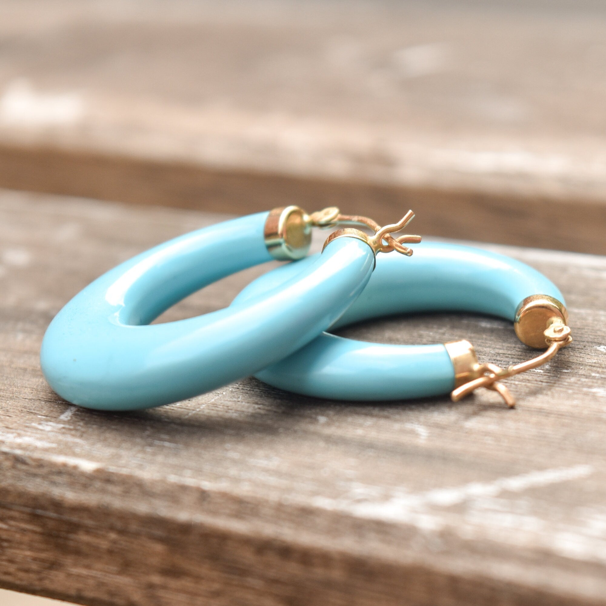 Cute 14K Simulated Turquoise Hoops, Wide-Bottom Design, Small Blue Hoop Earrings, Gift For Her, 30mm