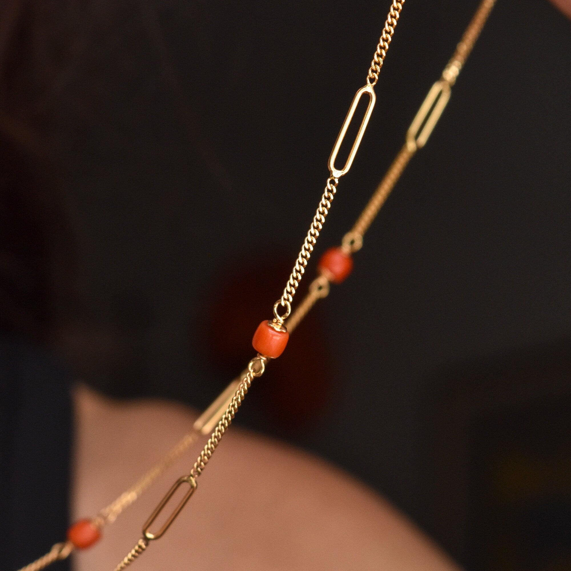 Italian 18K Coral Bead Station Necklace In Yellow Gold, Long Elegant Opera Necklace, 35 3/4" L