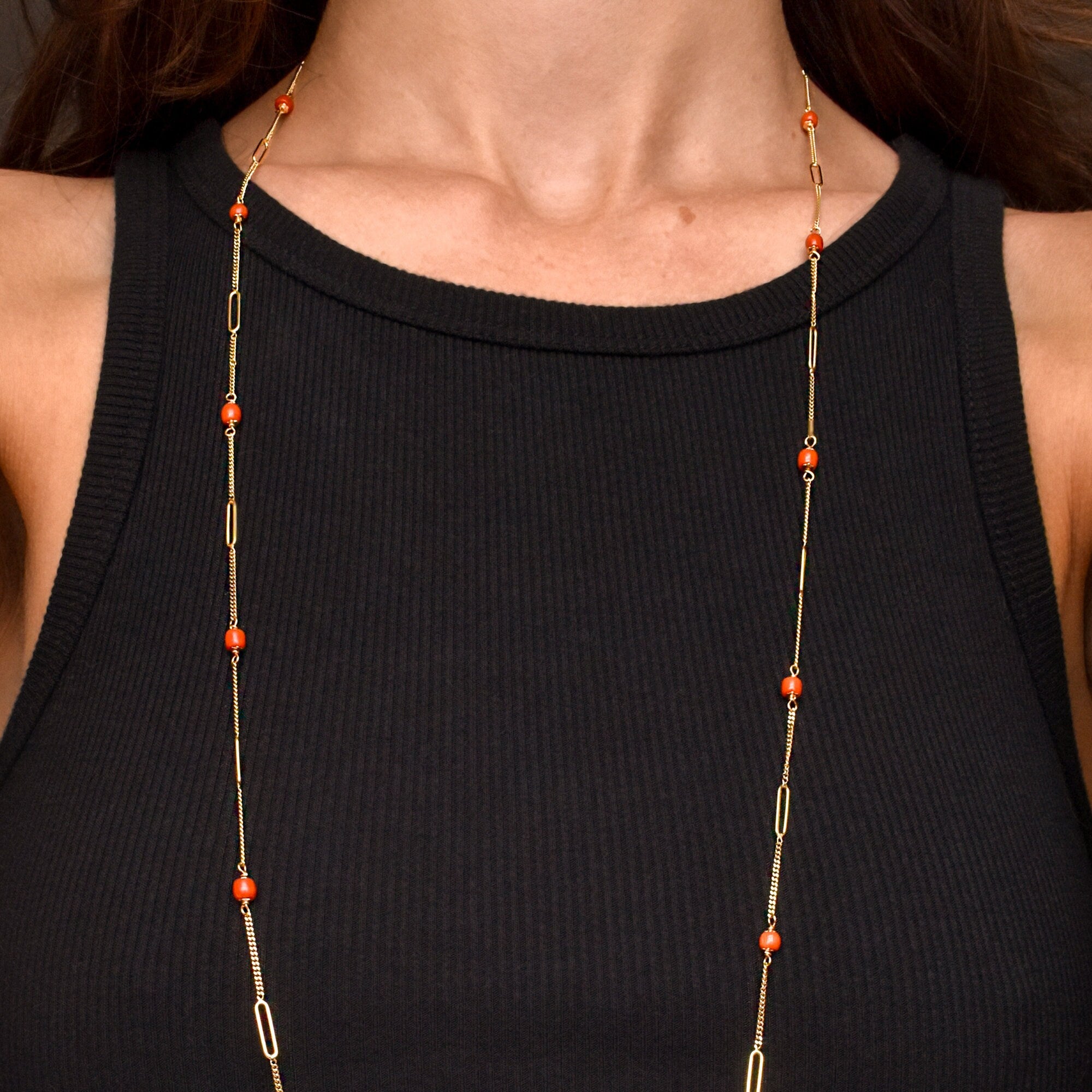 Italian 18K Coral Bead Station Necklace In Yellow Gold, Long Elegant Opera Necklace, 35 3/4" L