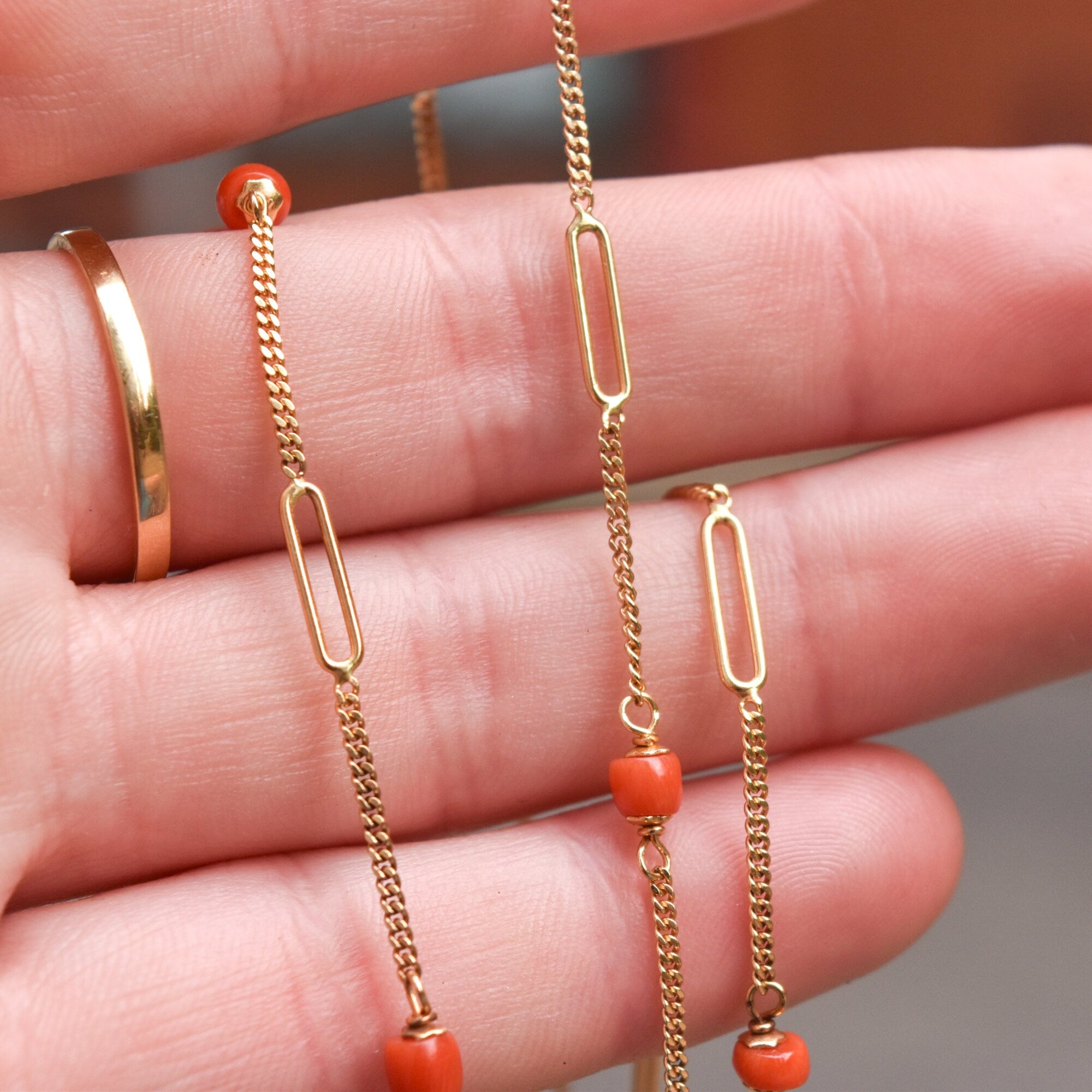 Italian 18K Coral Bead Station Necklace In Yellow Gold, Long Elegant Opera Necklace, 35 3/4" L