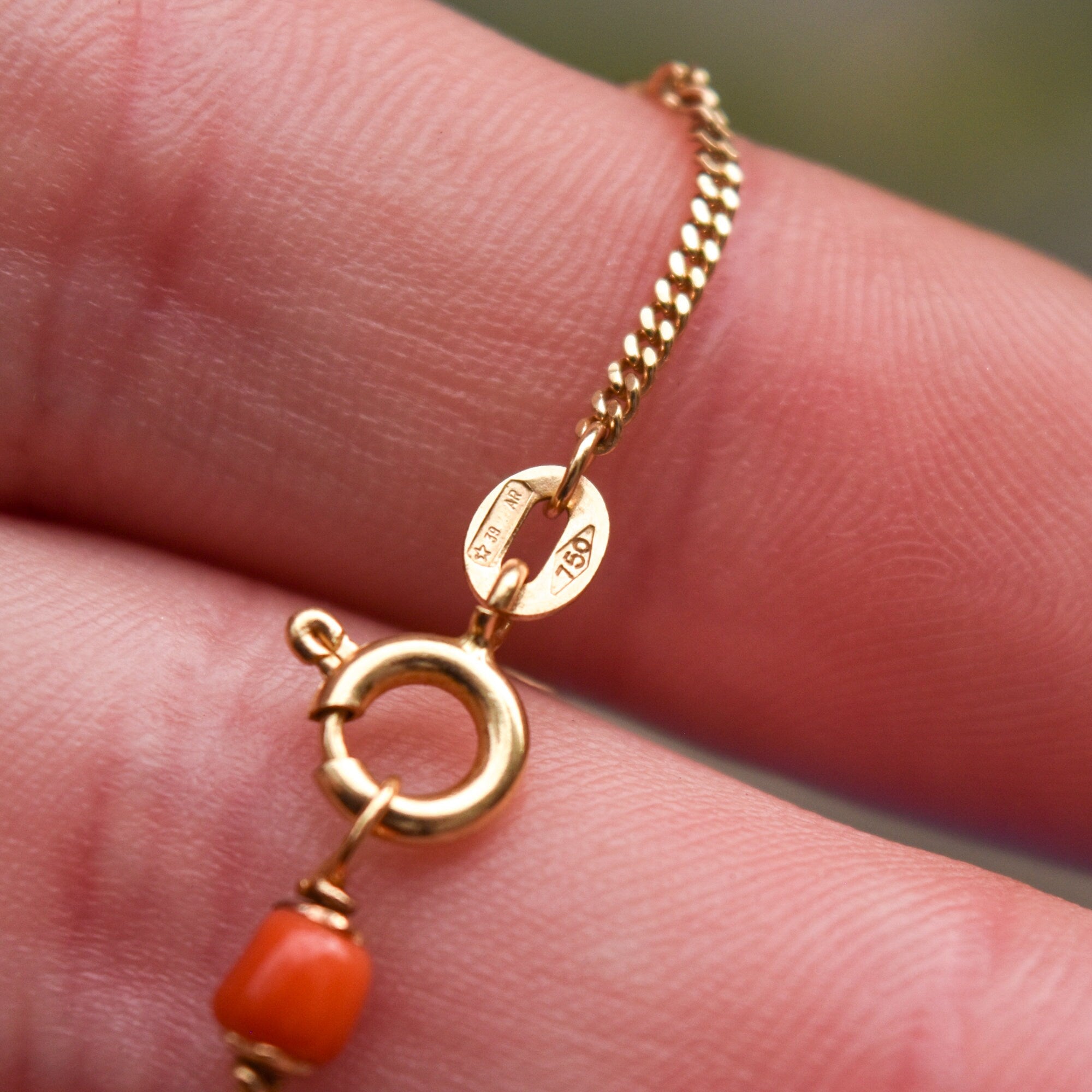 Italian 18K Coral Bead Station Necklace In Yellow Gold, Long Elegant Opera Necklace, 35 3/4" L