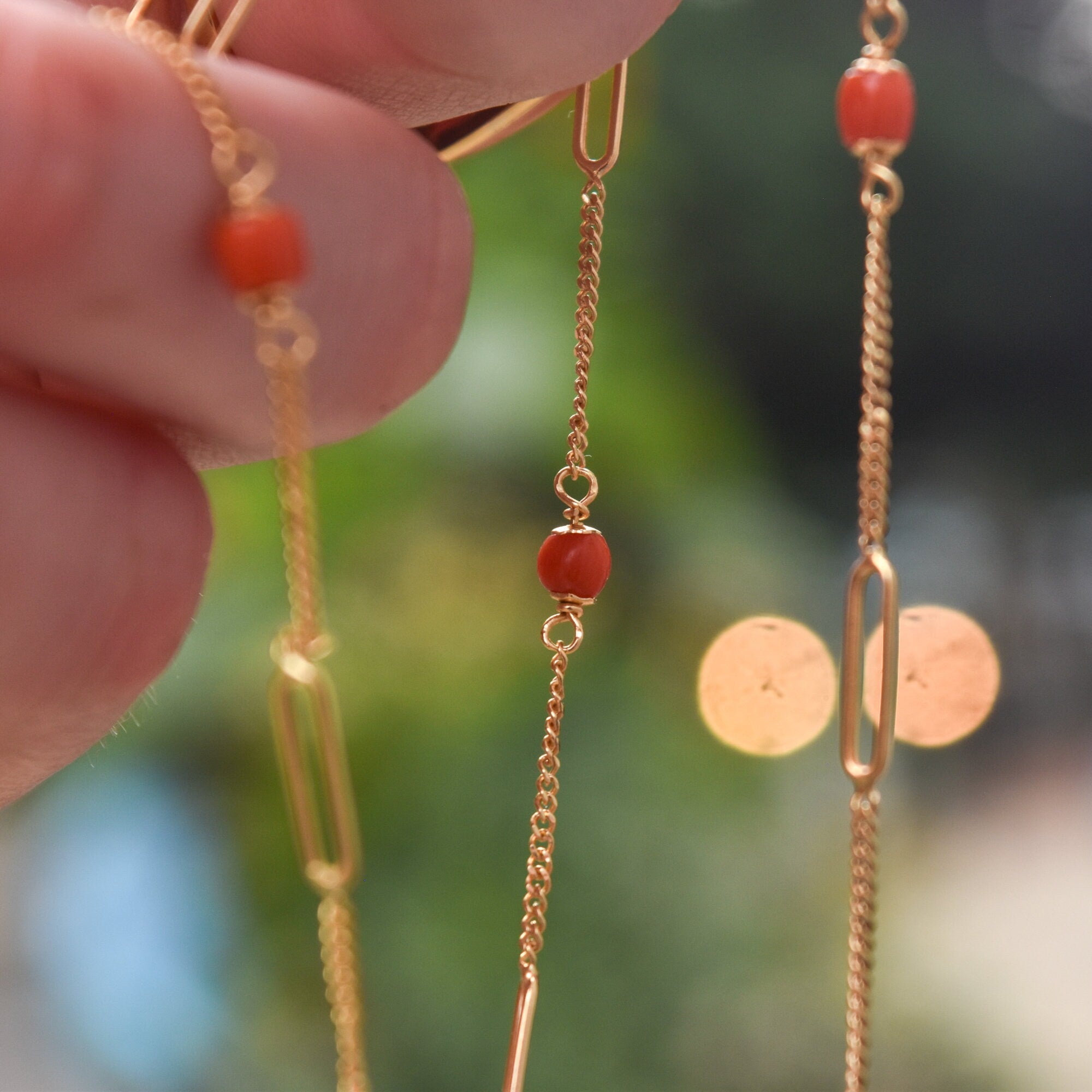 Italian 18K Coral Bead Station Necklace In Yellow Gold, Long Elegant Opera Necklace, 35 3/4" L