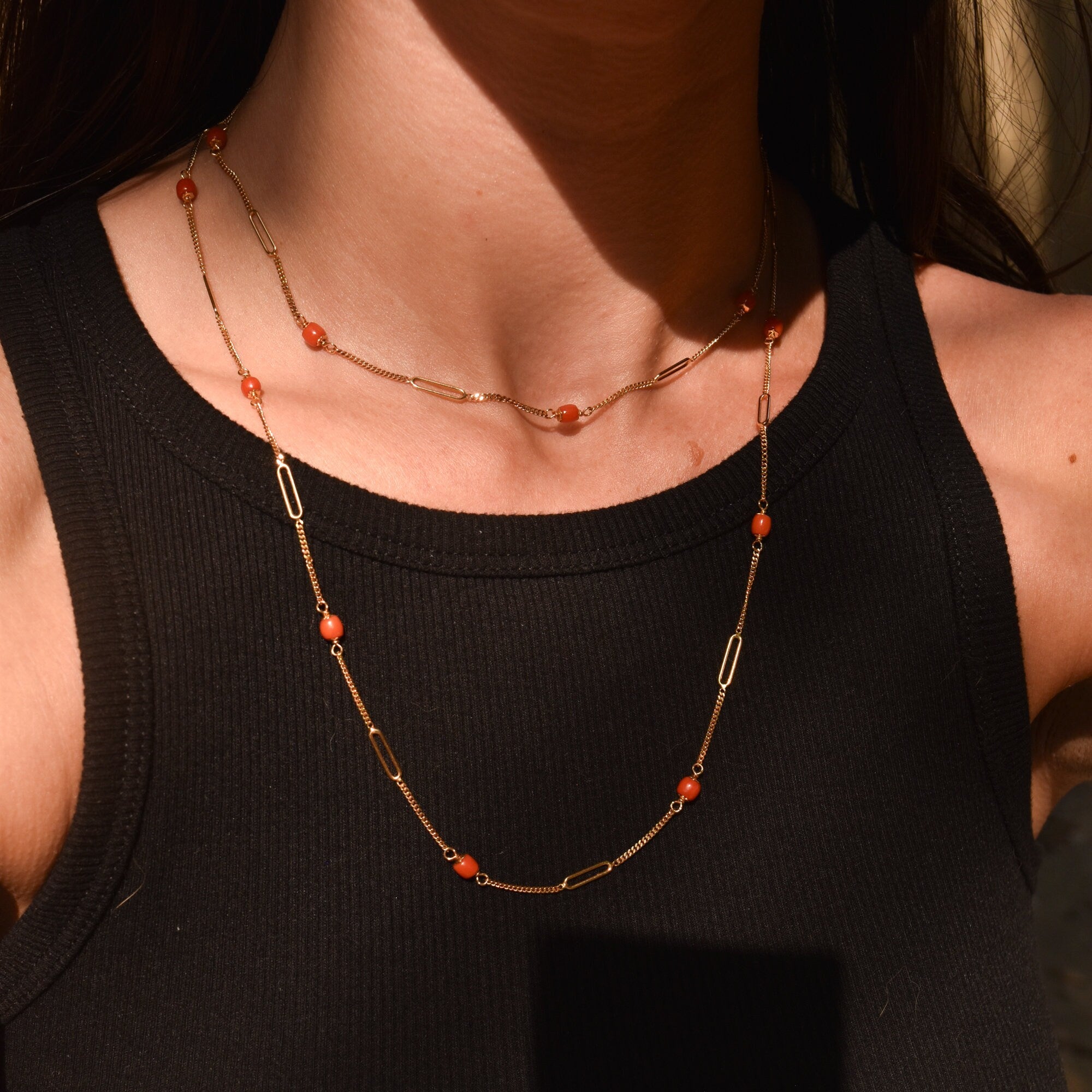 Italian 18K Coral Bead Station Necklace In Yellow Gold, Long Elegant Opera Necklace, 35 3/4" L