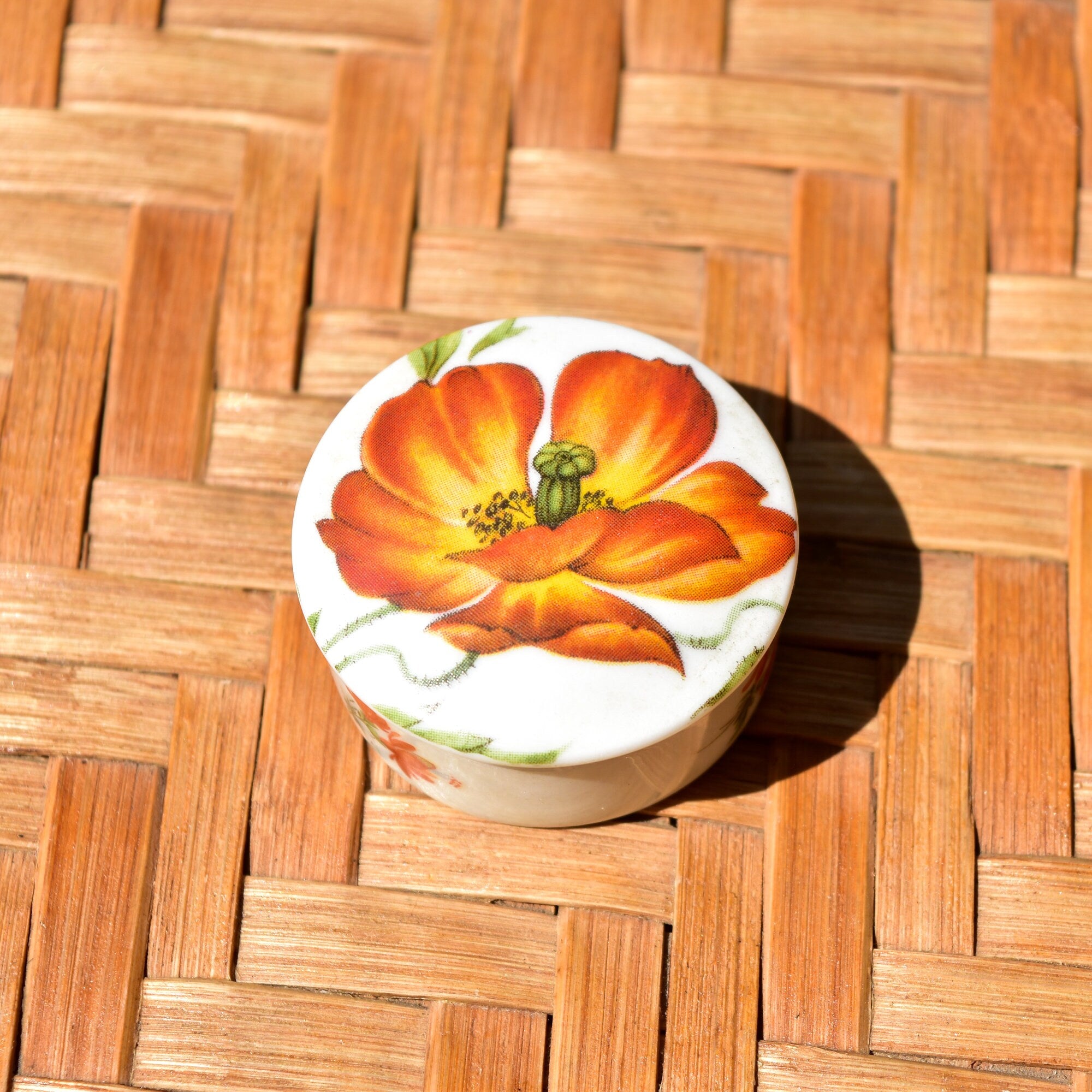 Limoges France Porcelain Poppy Flower Round Lidded Box, Small Cute Floral Trinket Box, 2" H
