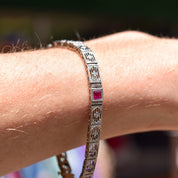 Art Deco Edwardian 14K White Gold Filigree Diamond Ruby Link Bracelet, Estate Jewelry, 7 1/4" L