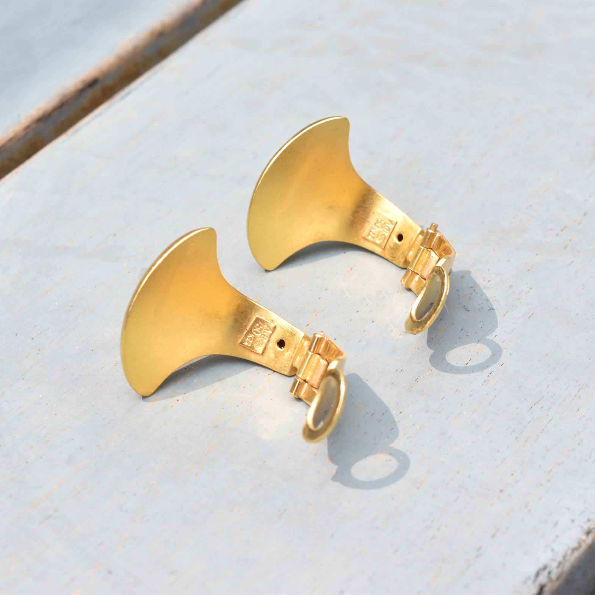 Modernist 18K Yellow Gold Clip-On Earrings, Satin Finish, Estate Jewelry, 25mm