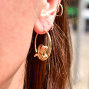 14K Yellow Gold Cat Hoop Earrings, Playing Cat Circle Tube Hoops, Estate Jewelry, 30mm