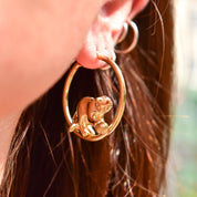 14K Yellow Gold Cat Hoop Earrings, Playing Cat Circle Tube Hoops, Estate Jewelry, 30mm
